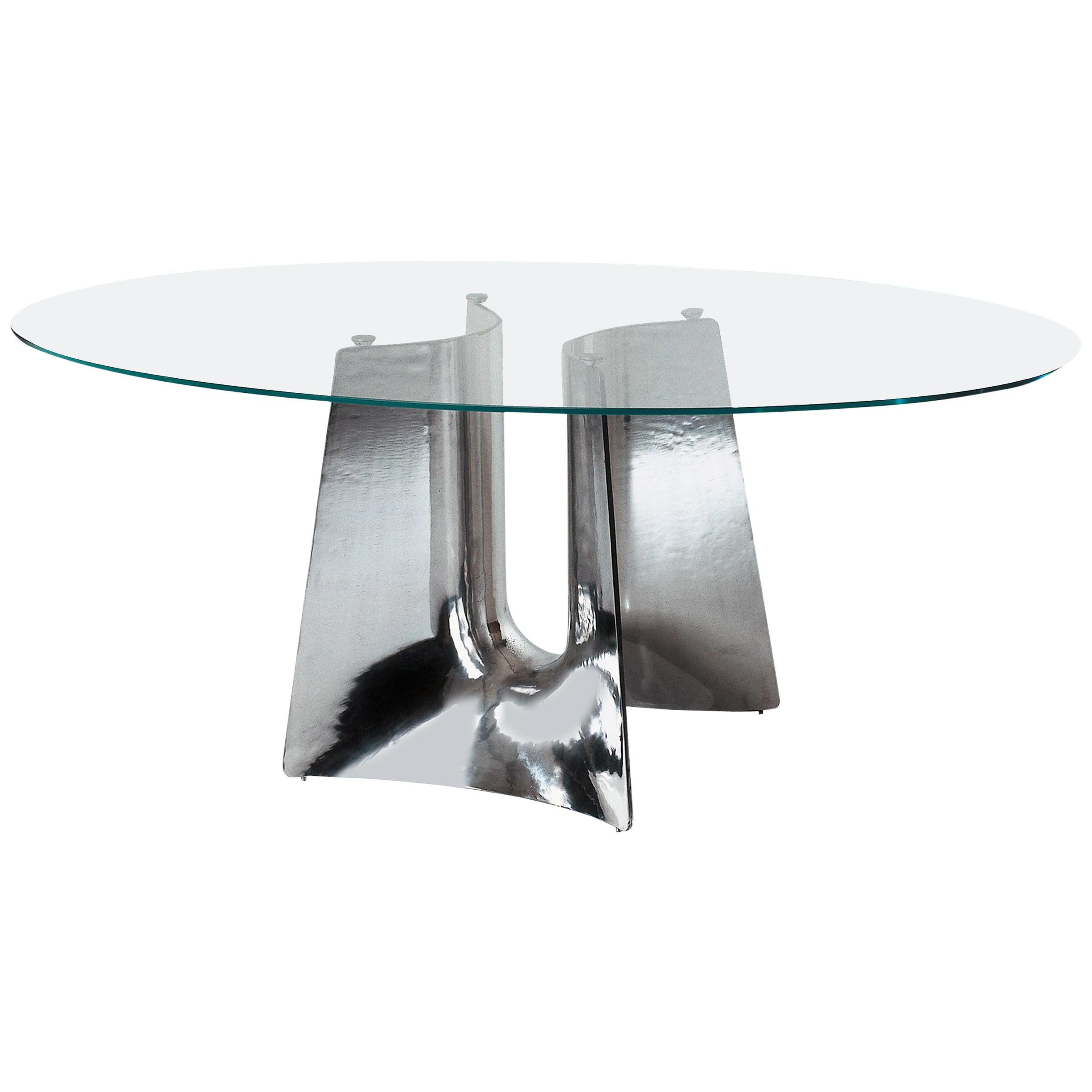Baleri Italia, Tisch aus gebogenem, elliptischem Aluminium mit Glasplatte aus Bentz von Jeff Miller im Angebot