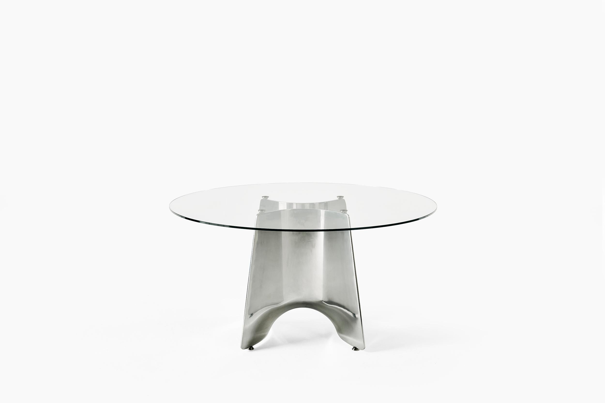Baleri Italia, Tisch aus gebogenem, rundem Aluminium mit Glasplatte aus Bentz von Jeff Miller im Zustand „Neu“ im Angebot in Milano, Lombardia