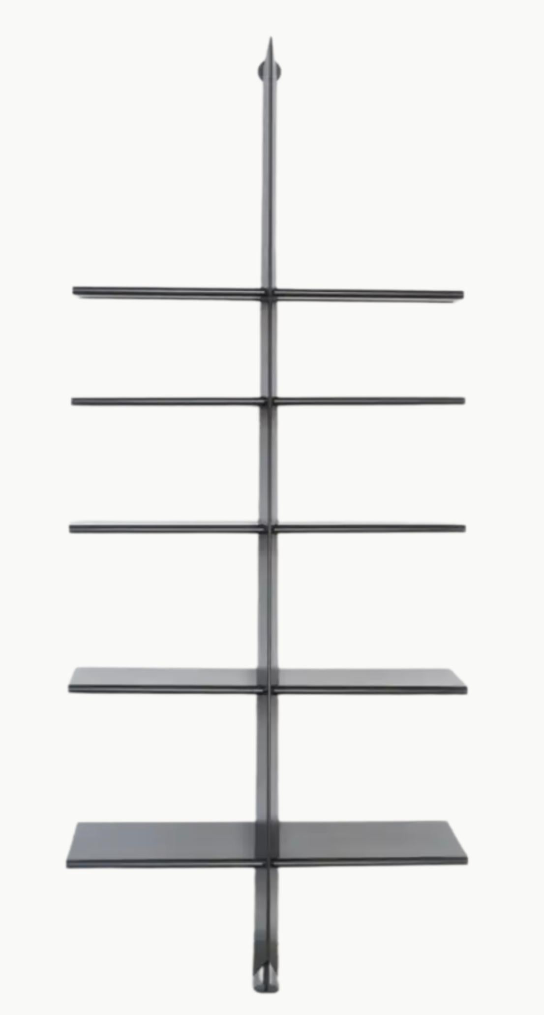 Mac Gee bookshelf by Philippe Starck for Baleri Italia, 1984. Powder-coated metal, one part form with angular adjusting wall and floor joints. The aerodynamic linear design is reminiscent of an art deco ocean liner.