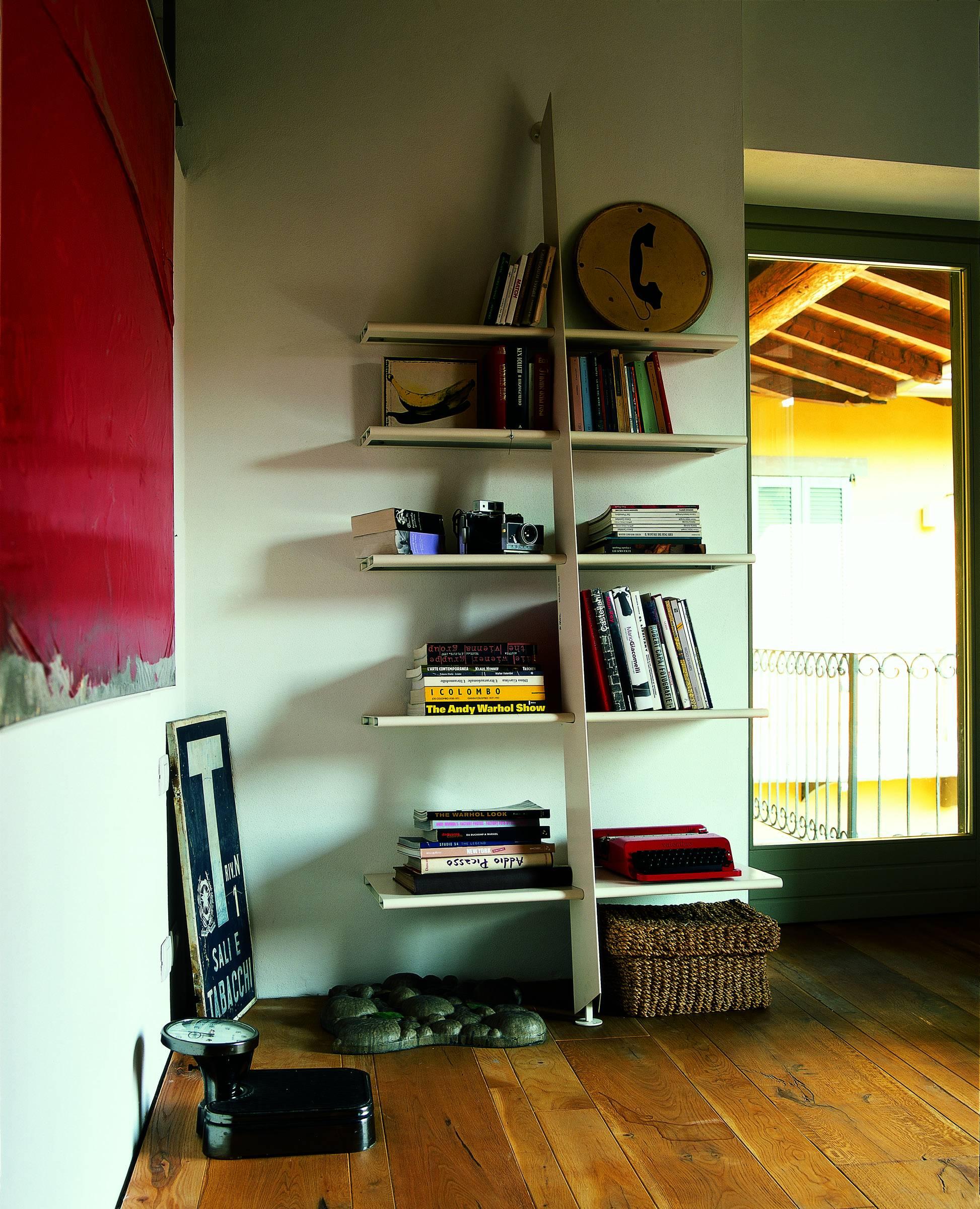 white steel bookshelf