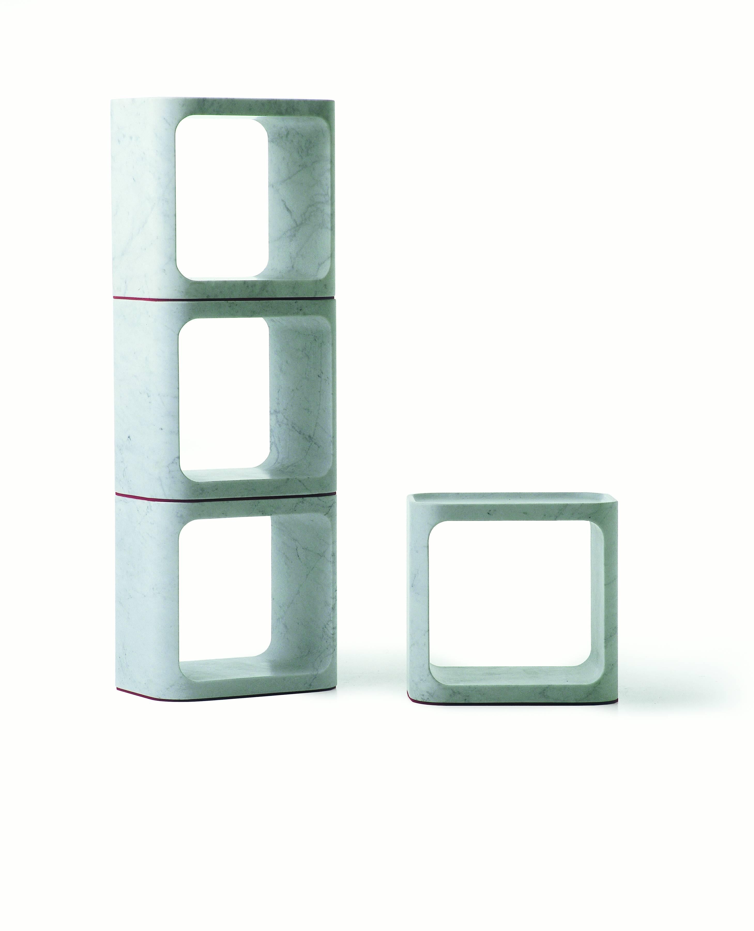 Plato is a stool, a sidetable and a stackable container. It’s an iconic piece designed by Jeff Miller who chose the most classical of materials to carve a modern plastic form. It is as much about the negative space, the material that is missing, and