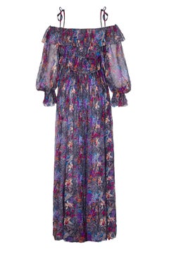 Balestra 1970s Couture Silk Chiffon Floral Boho Dress With Shoulder Ties