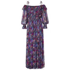 Balestra 1970s Couture Silk Chiffon Floral Boho Dress With Shoulder Ties