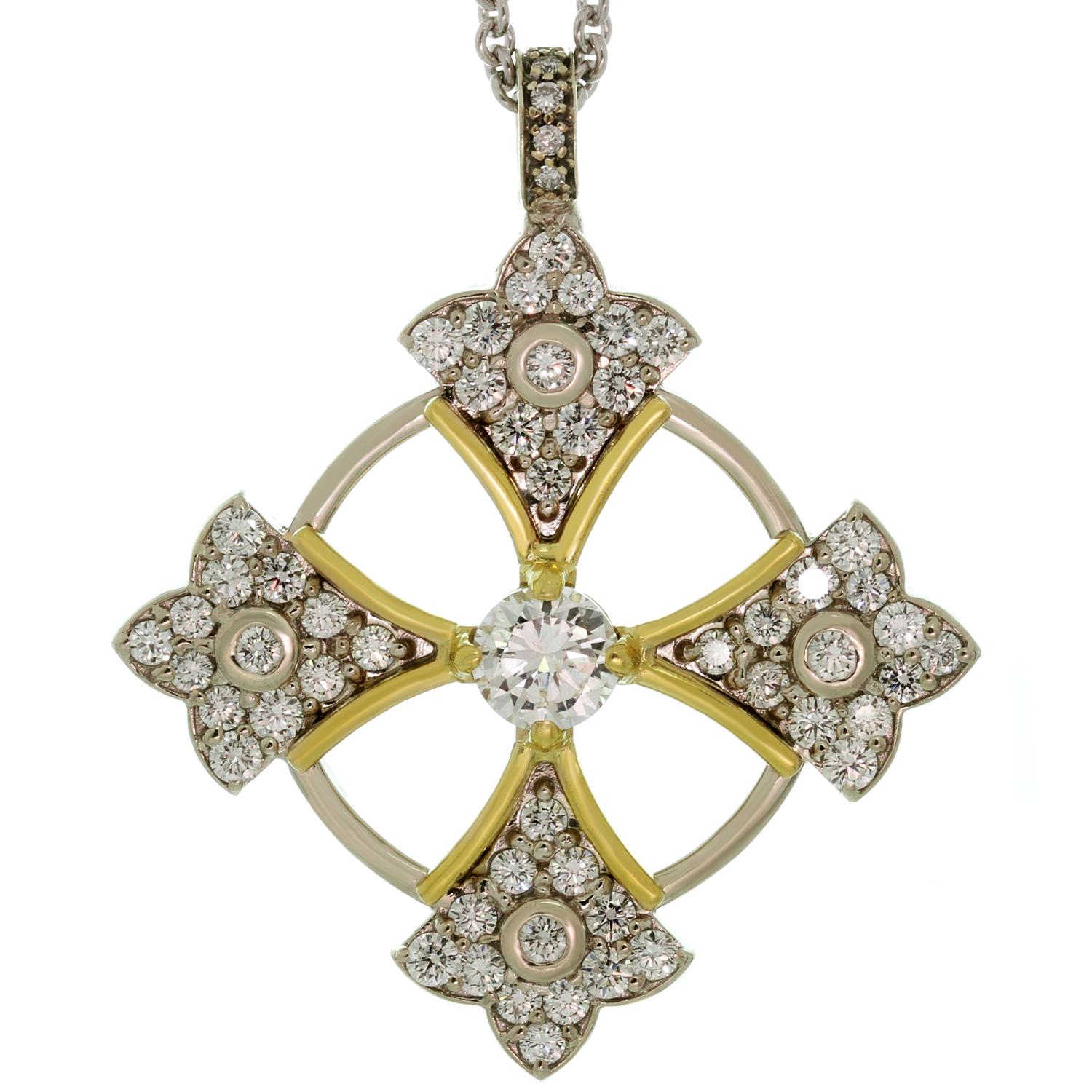 Halskette mit Patonce-Kreuz-Anhänger aus Weiß- und Gelbgold, Diamanten im Angebot