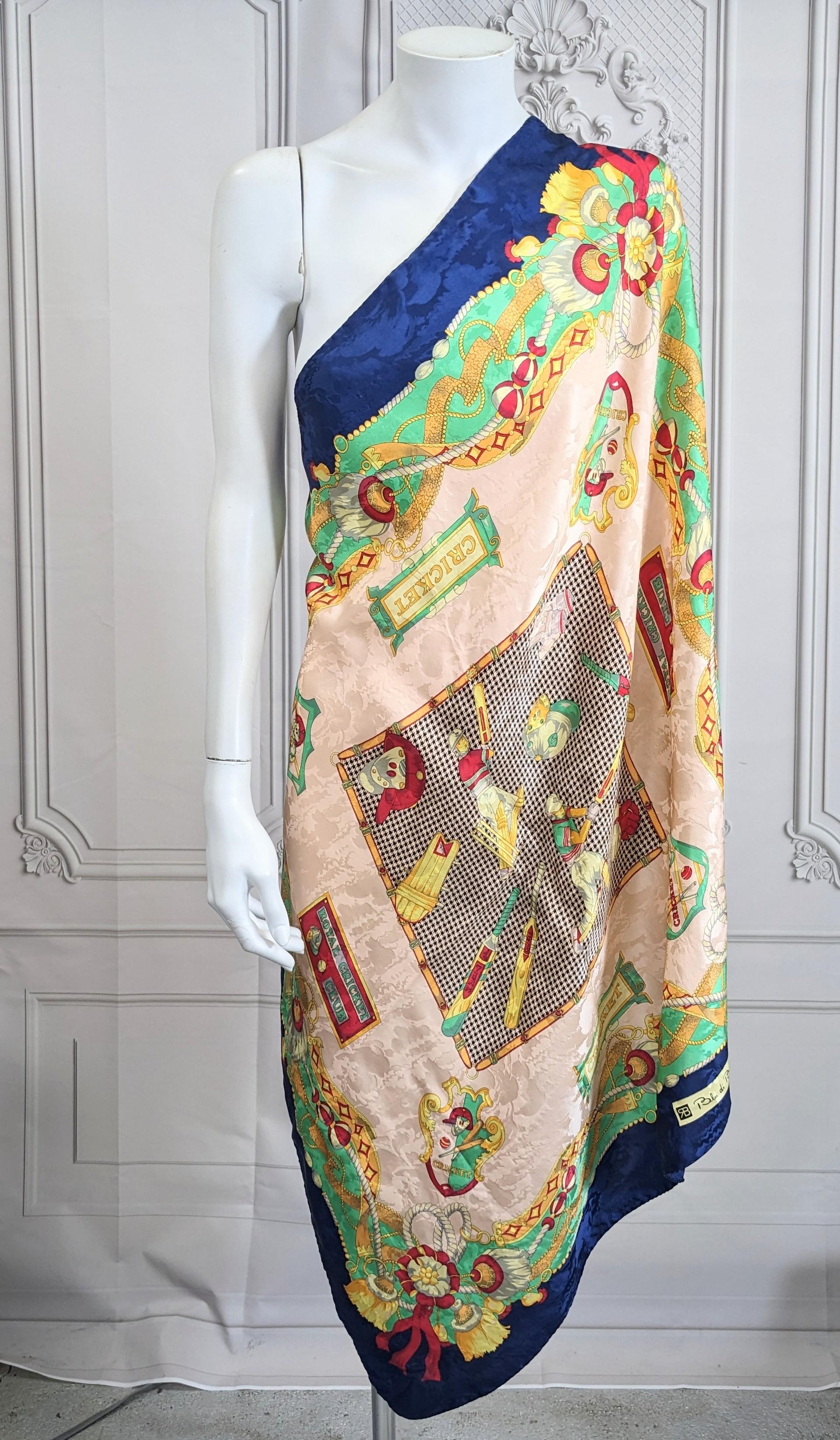 Balestra Silk Crepe Scarf, Cricket Themed from the 1990's. A navy border with cricket motifs scattered throughout. 34