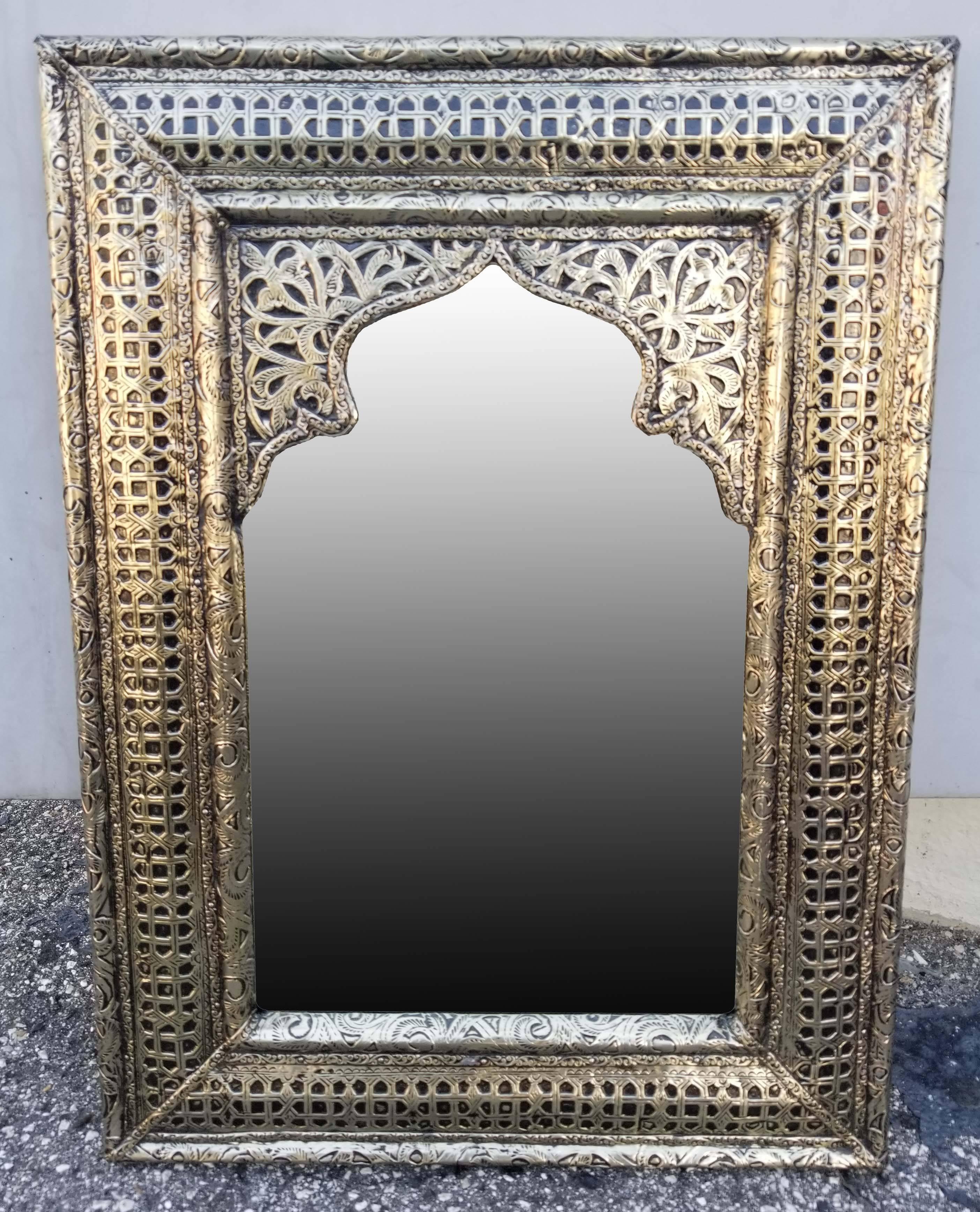 Large metal inlaid and camel bone Moroccan mirror. Made in the city of Marrakech. Rectangular shape measuring approximately 24