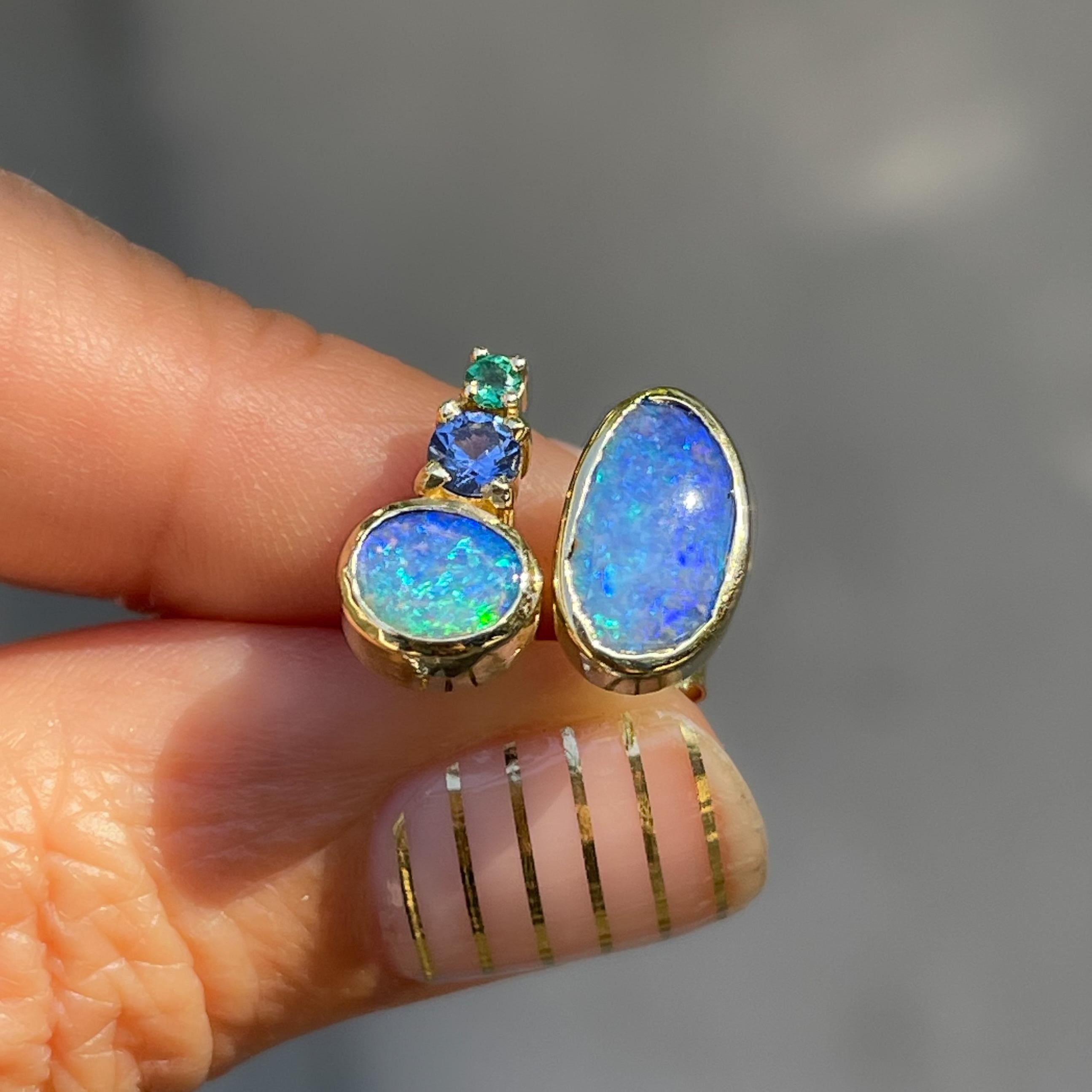 Modern Bali Emerald and Opal Stud Earrings with Sapphire in Gold by NIXIN Jewelry For Sale