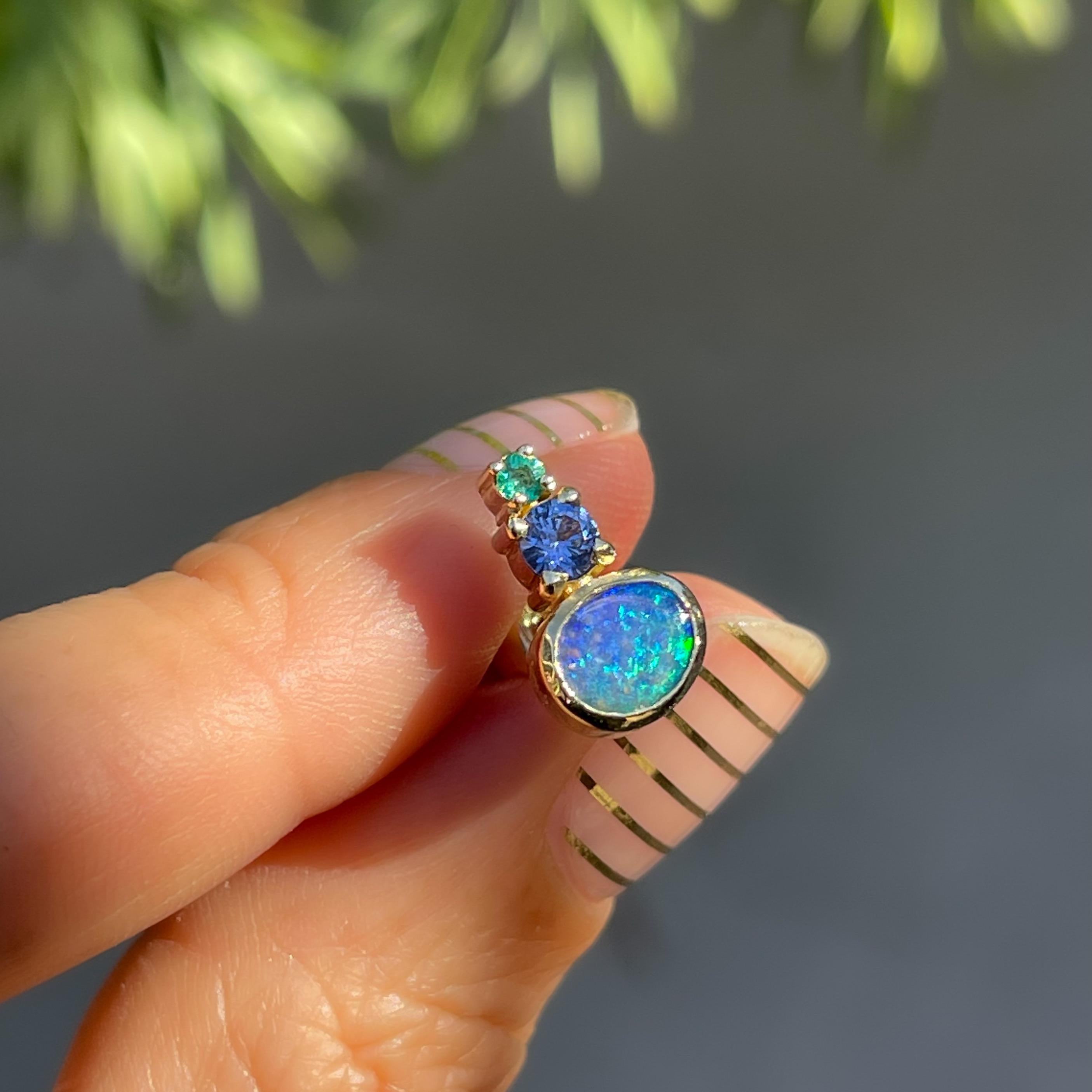 Brilliant Cut Bali Emerald and Opal Stud Earrings with Sapphire in Gold by NIXIN Jewelry For Sale