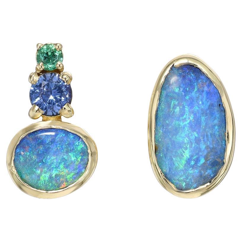 Bali Emerald and Opal Stud Earrings with Sapphire in Gold by NIXIN Jewelry For Sale
