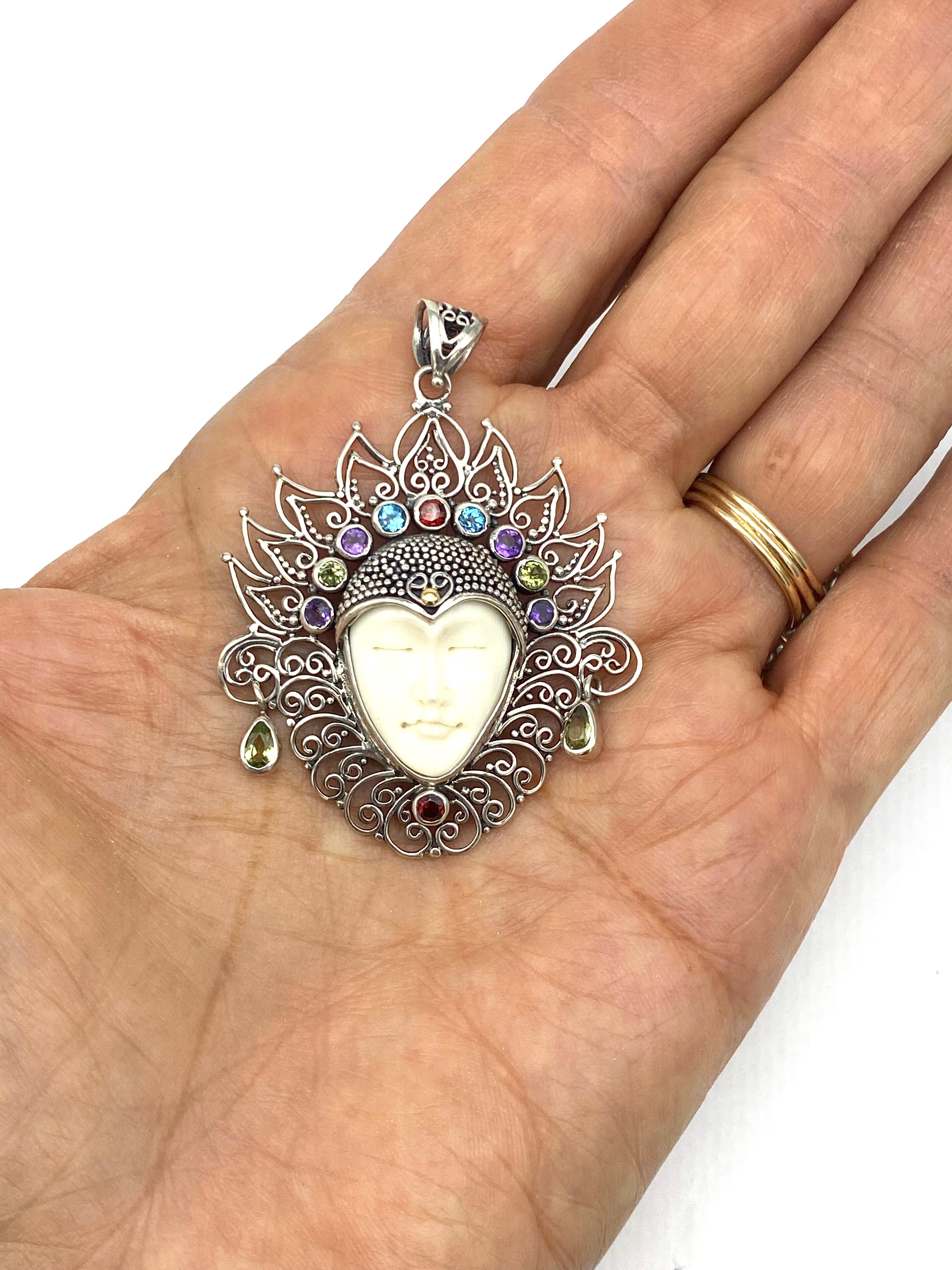 Bali Face Göttin Sterling & 18 Karat Gelbgold Edelsteine (Rundschliff)