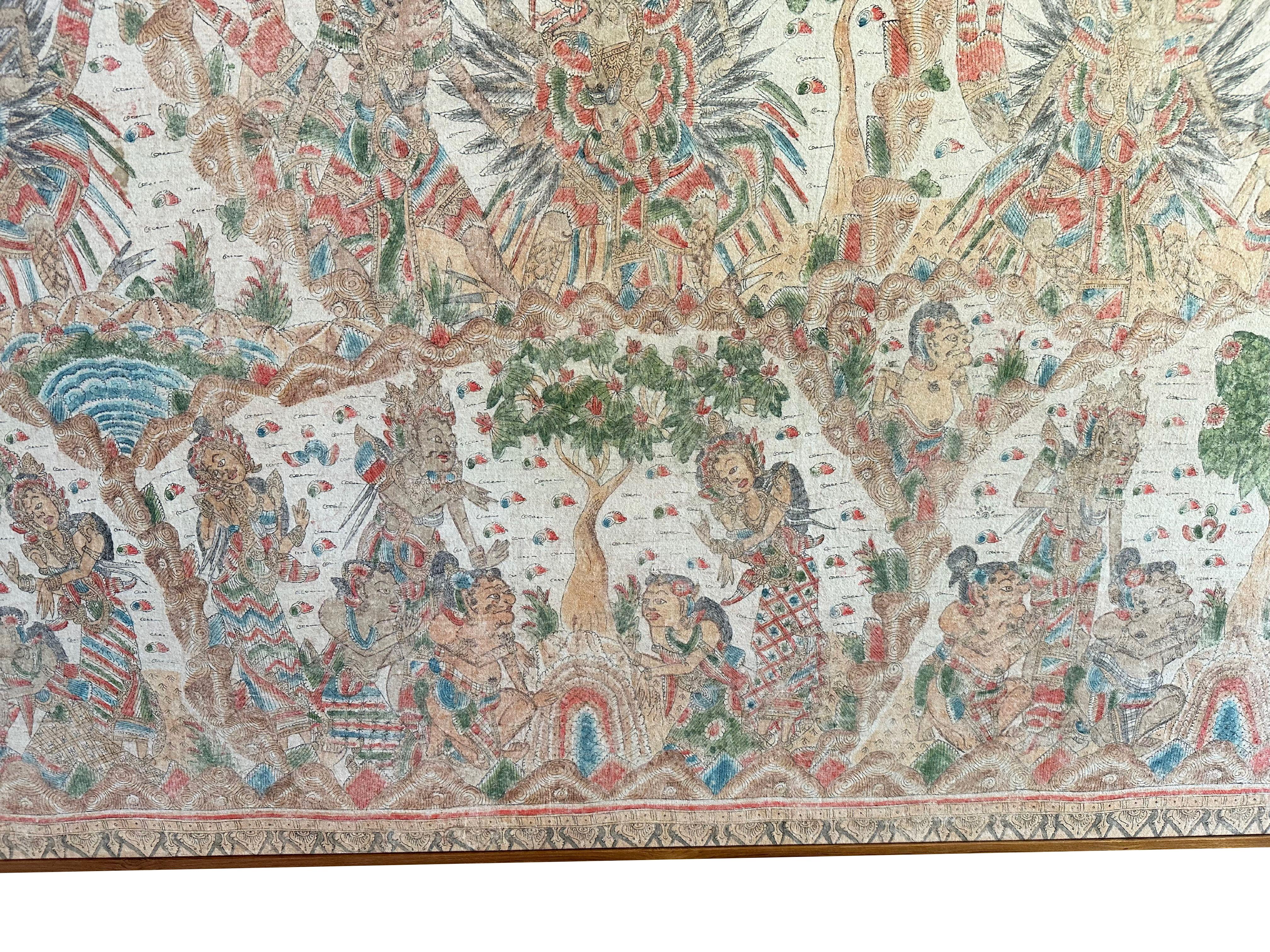 Artisanat Peinture 'Kamasan' encadrée dans un textile hindou de Bali, Indonésie, vers 1900 en vente