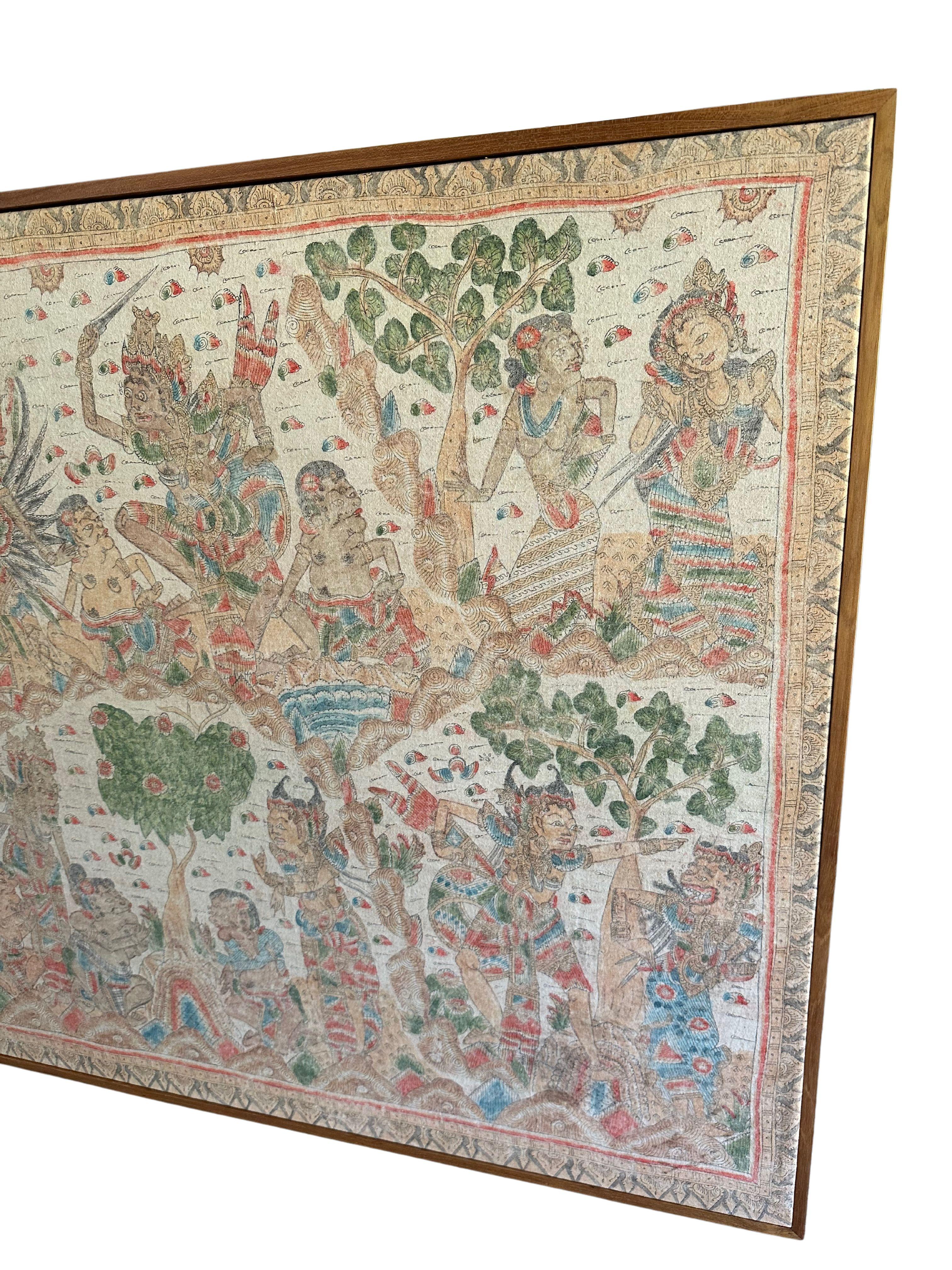 Bali Hindu Textil gerahmt 'Kamasan' Gemälde, Indonesien, um 1900 (Handbemalt) im Angebot