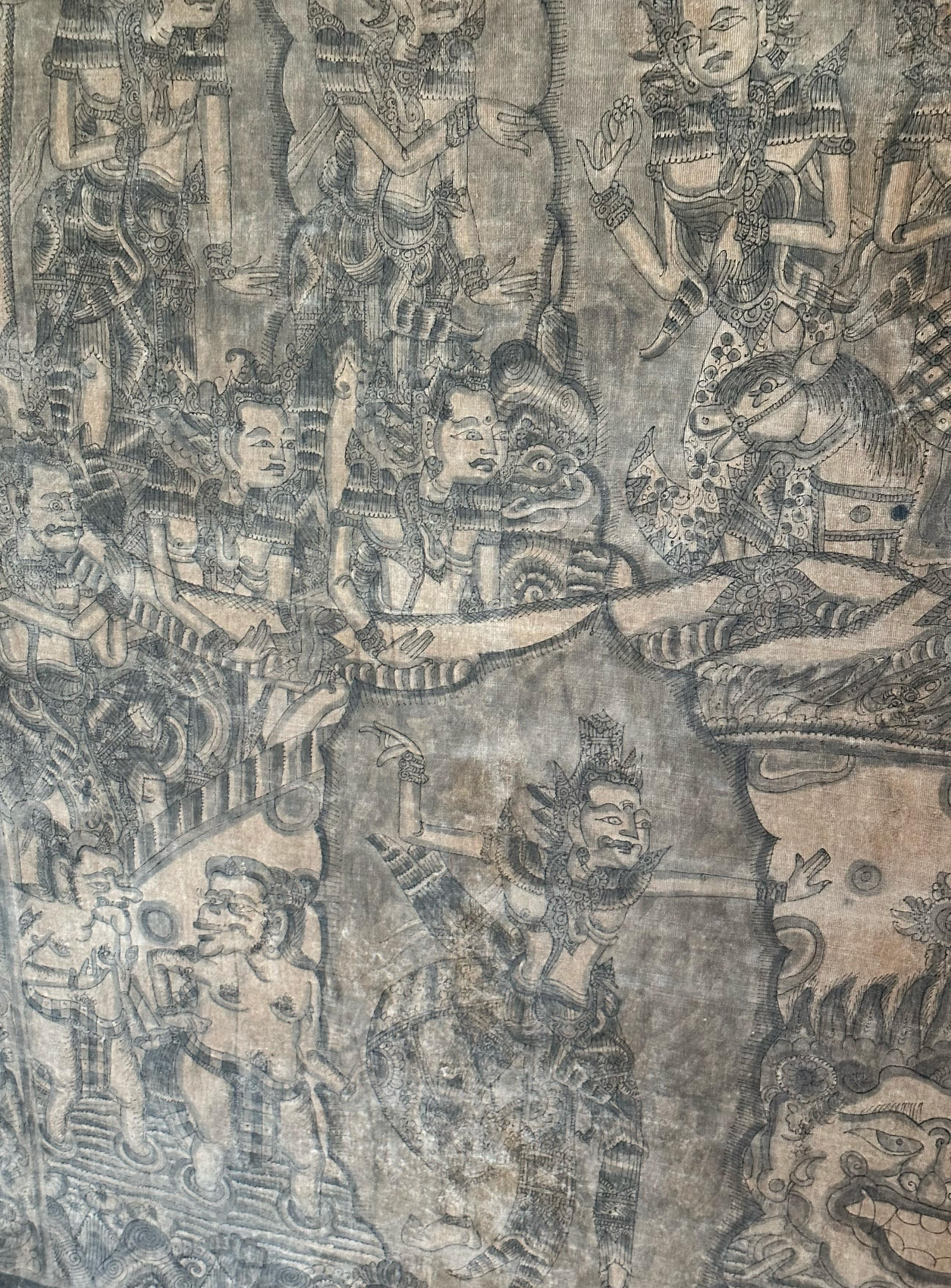 Folk Art Bali Hindu Textile Framed 'Kamasan' Painting, Indonesia C. 1920 For Sale