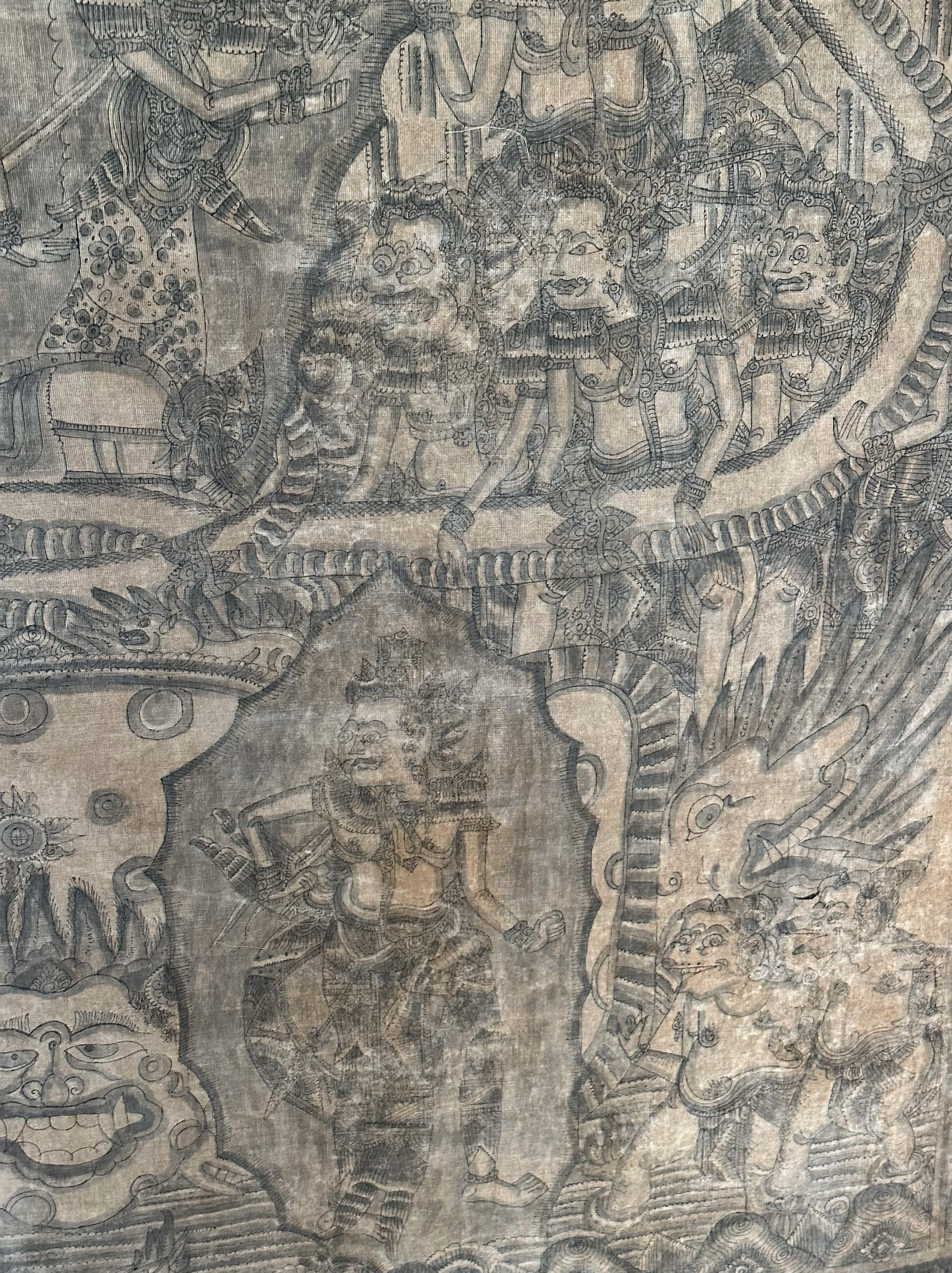 Balinese Bali Hindu Textile Framed 'Kamasan' Painting, Indonesia C. 1920 For Sale