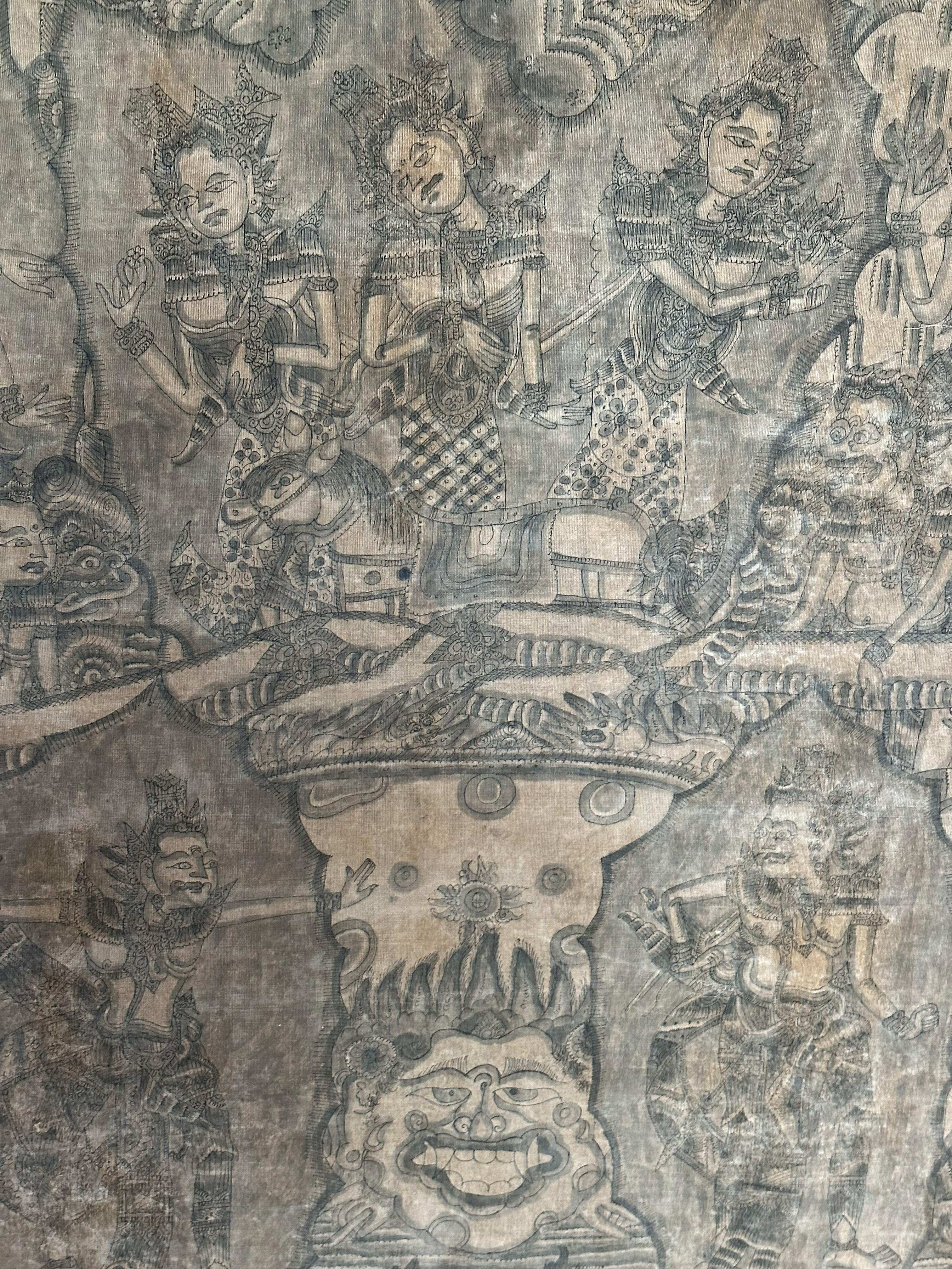 Hand-Painted Bali Hindu Textile Framed 'Kamasan' Painting, Indonesia C. 1920 For Sale