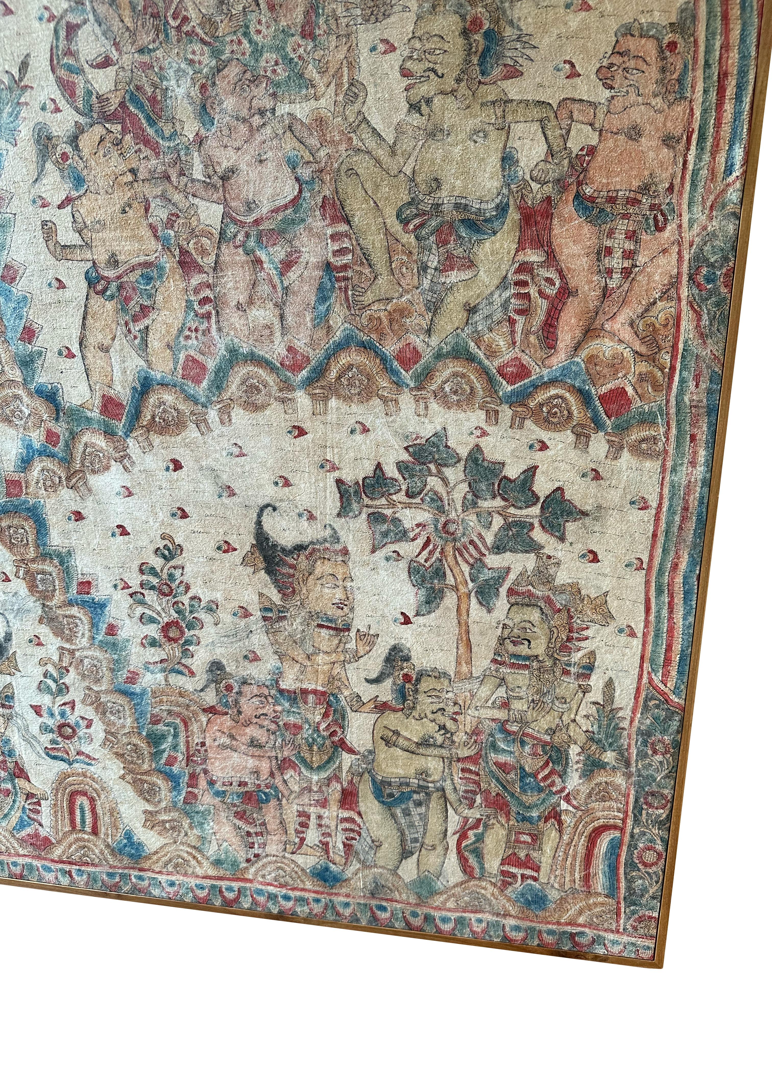 Folk Art Bali Hindu Textile Framed 'Kamasan' Painting, Indonesia C. 1940 For Sale