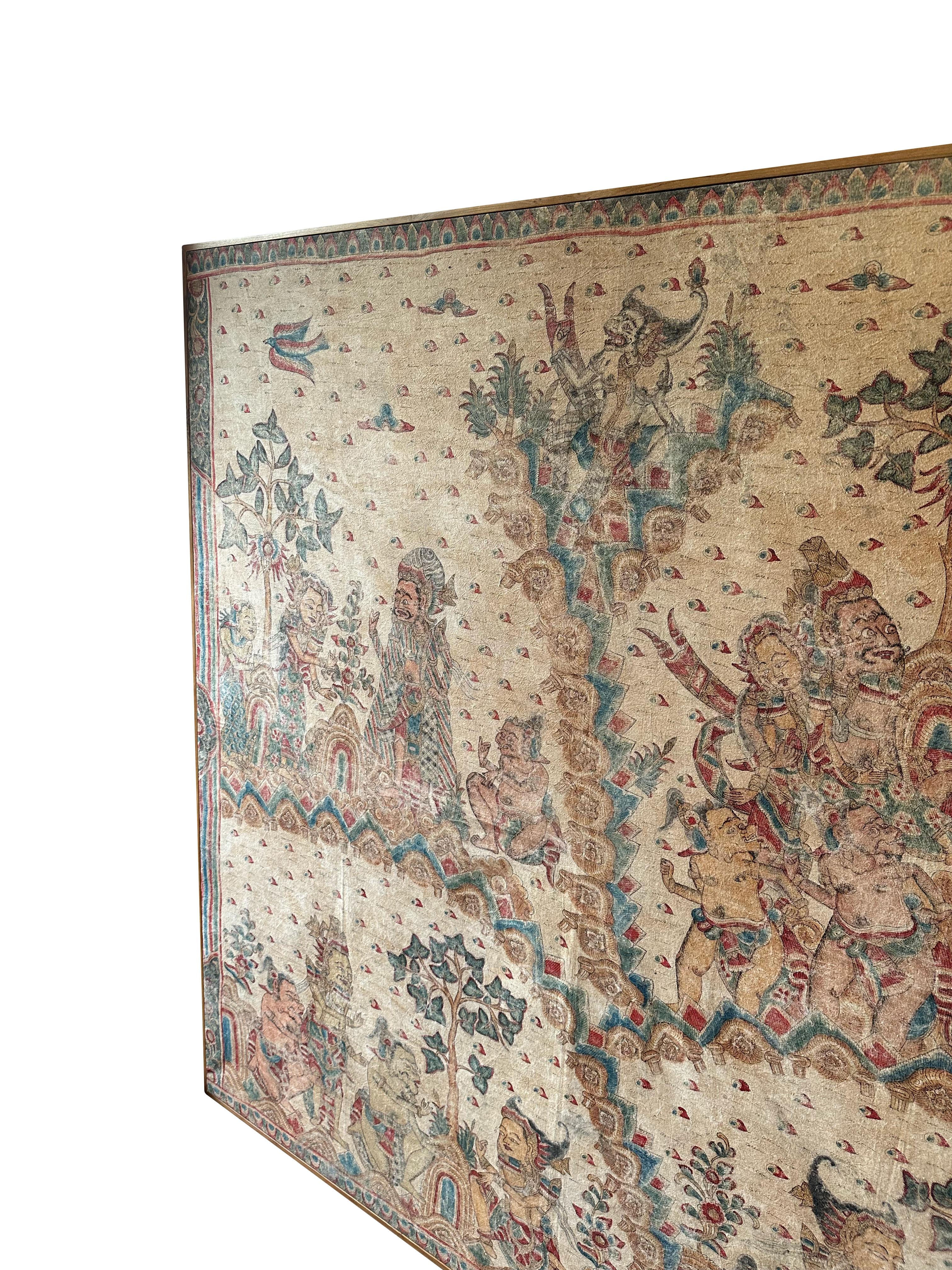 Hand-Painted Bali Hindu Textile Framed 'Kamasan' Painting, Indonesia C. 1940 For Sale