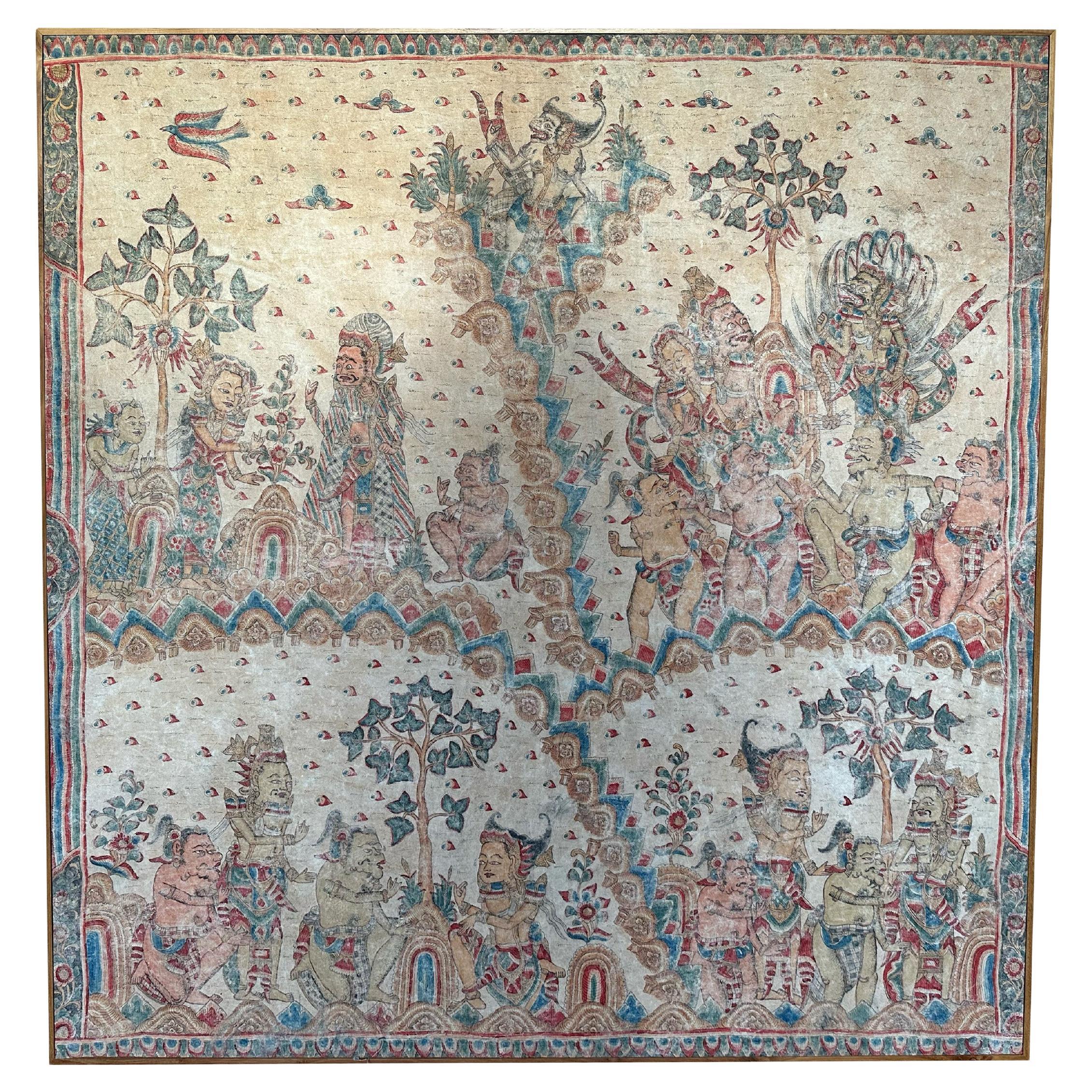 Bali Hindu Textile Framed 'Kamasan' Painting, Indonesia C. 1940