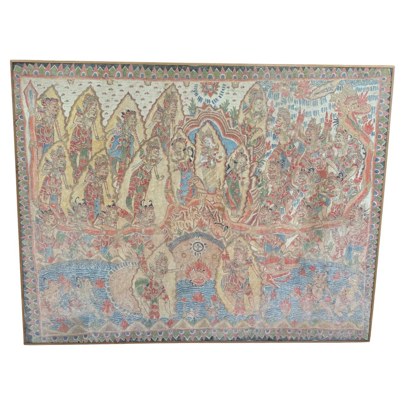 Bali Hindu Textile Framed 'Kamasan' Painting, Indonesia C. 1940