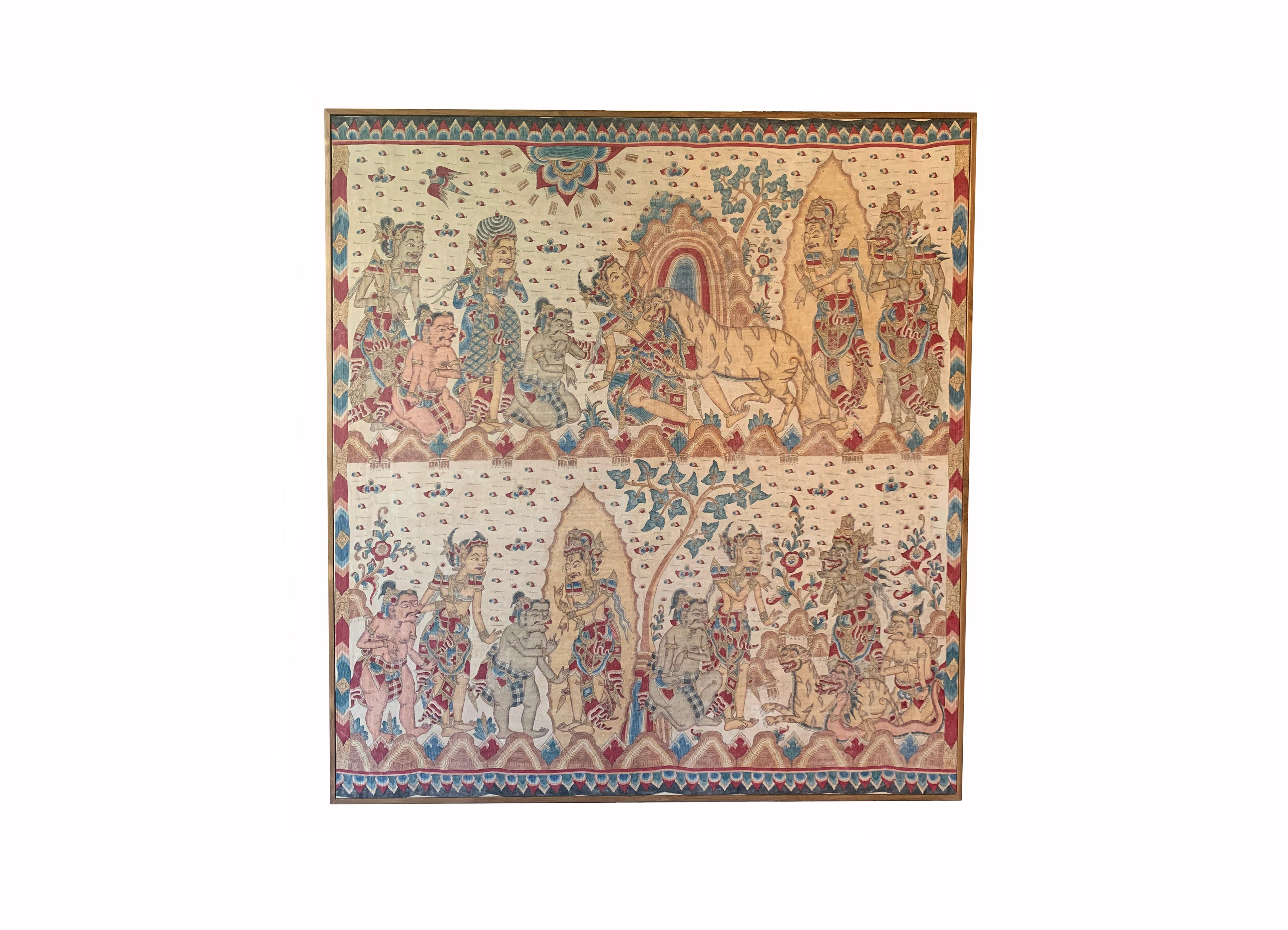 Ein Kamasan-Textilbild aus der Mitte des 20. Jahrhunderts aus Bali, Indonesien. Das handgemalte Bild ist sehr detailliert und stellt die balinesische Hindu-Mythologie dar. Hauptmerkmale dieses Bildes sind der große Tiger und der 