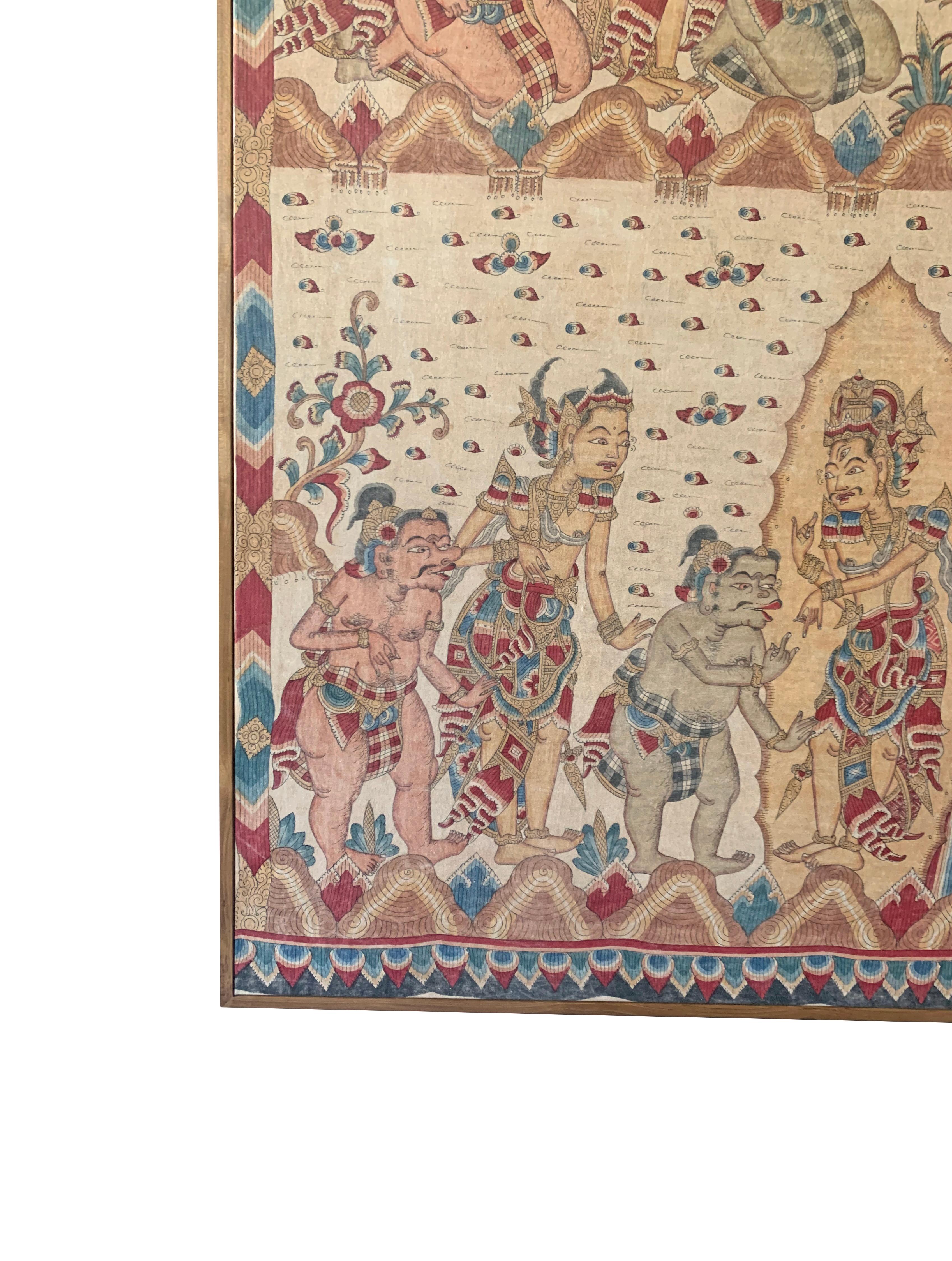 Balinais Peinture «Kamasan » de Bali encadrée de textile hindou, Indonésie, vers 1950 en vente