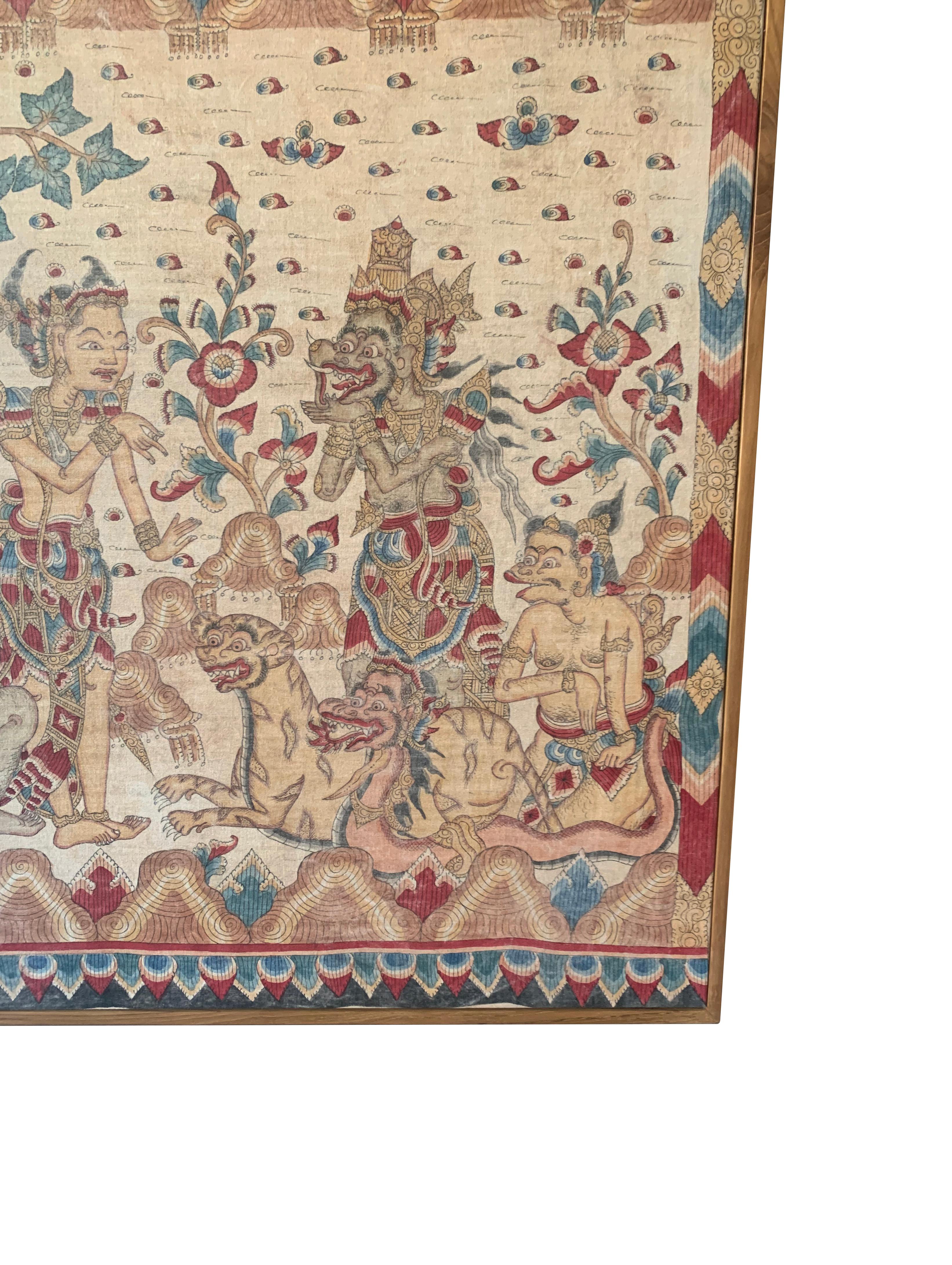 Hand-Painted Bali Hindu Textile Framed 'Kamasan' Painting, Indonesia C. 1950 For Sale