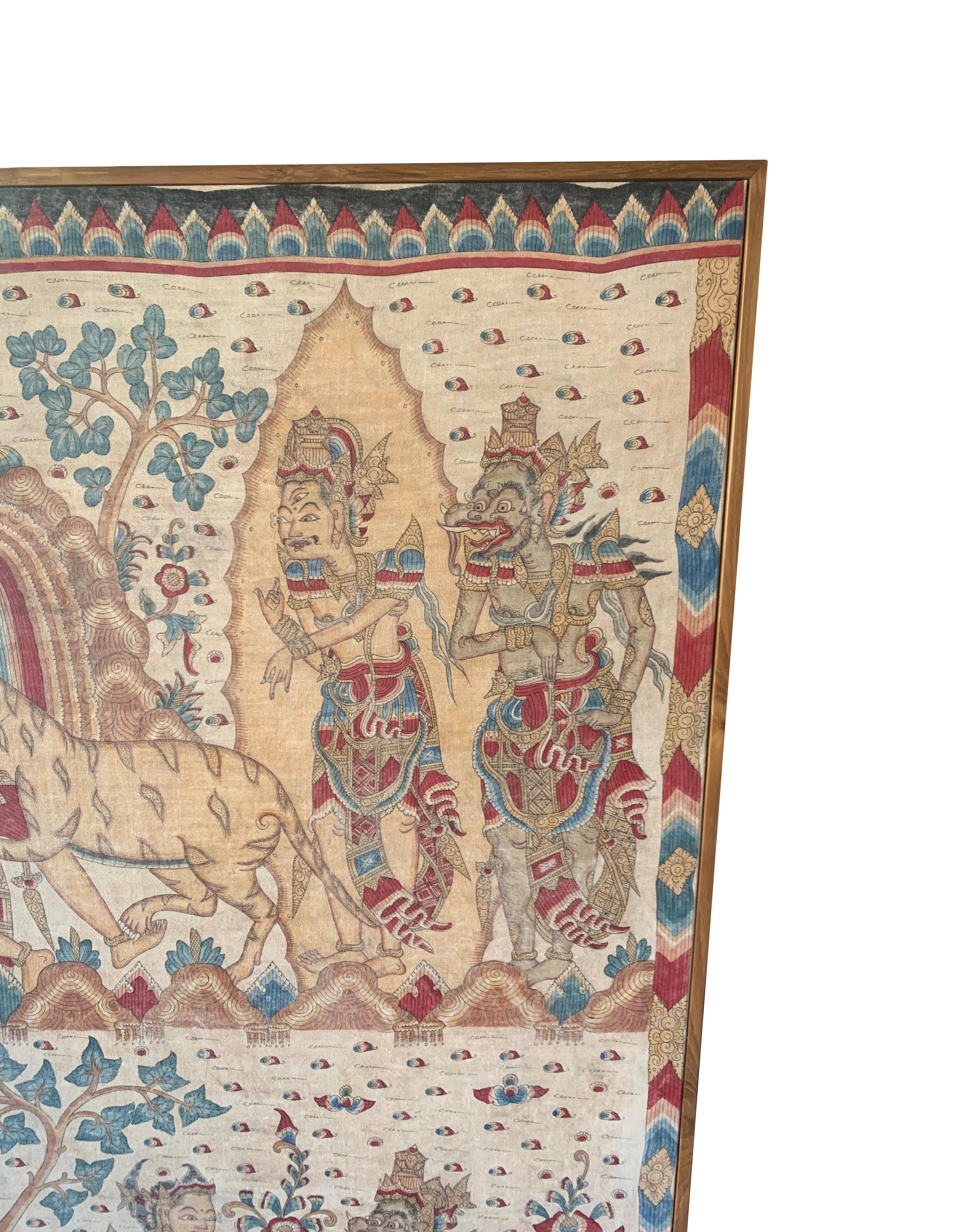 Folk Art Bali Hindu Textile Framed 'Kamasan' Painting, Indonesia C. 1950 For Sale