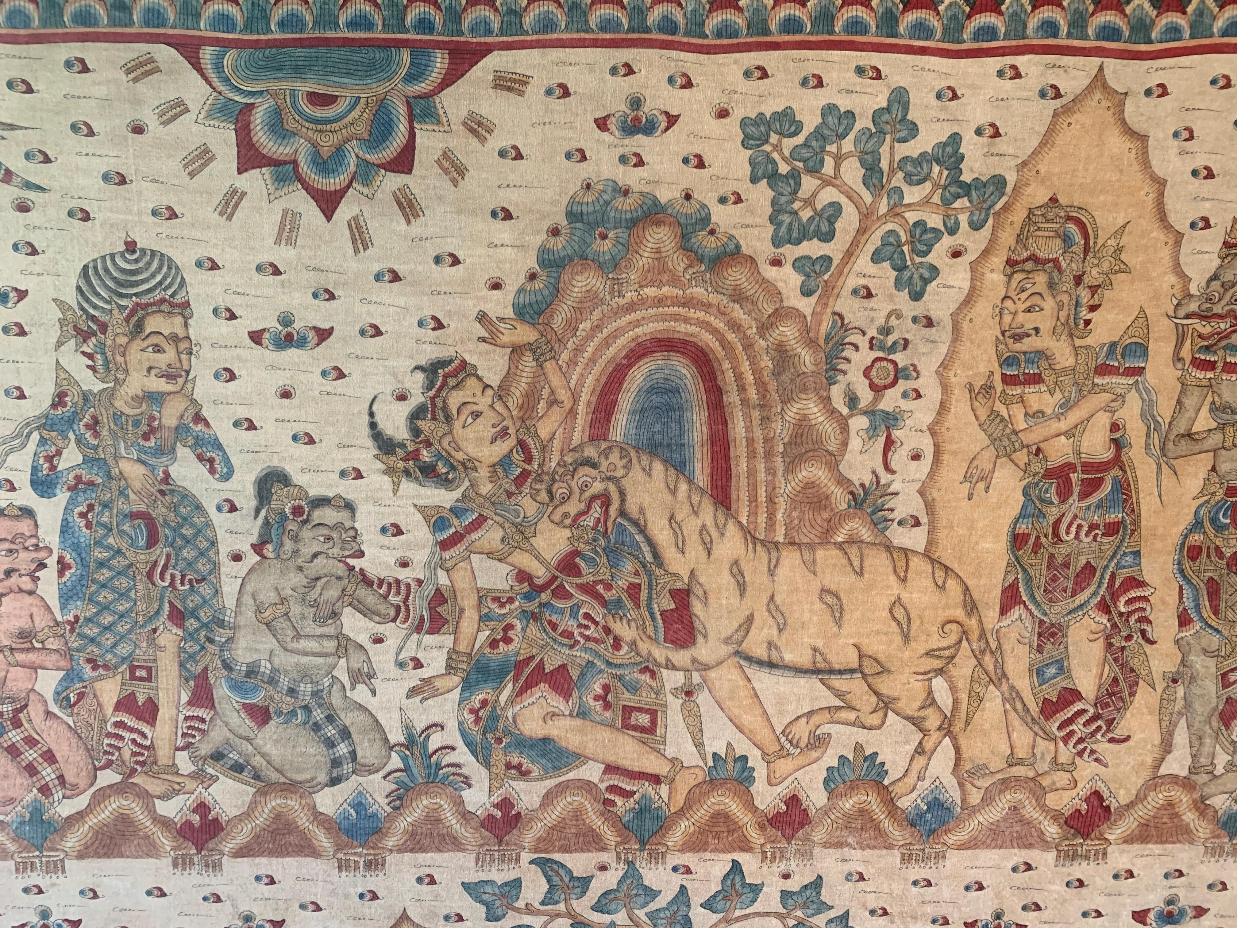 Gerahmtes, Hindu-Textil-Gemälde „Kamasan“ von Bali, Indonesien, um 1950 (Baumwolle) im Angebot