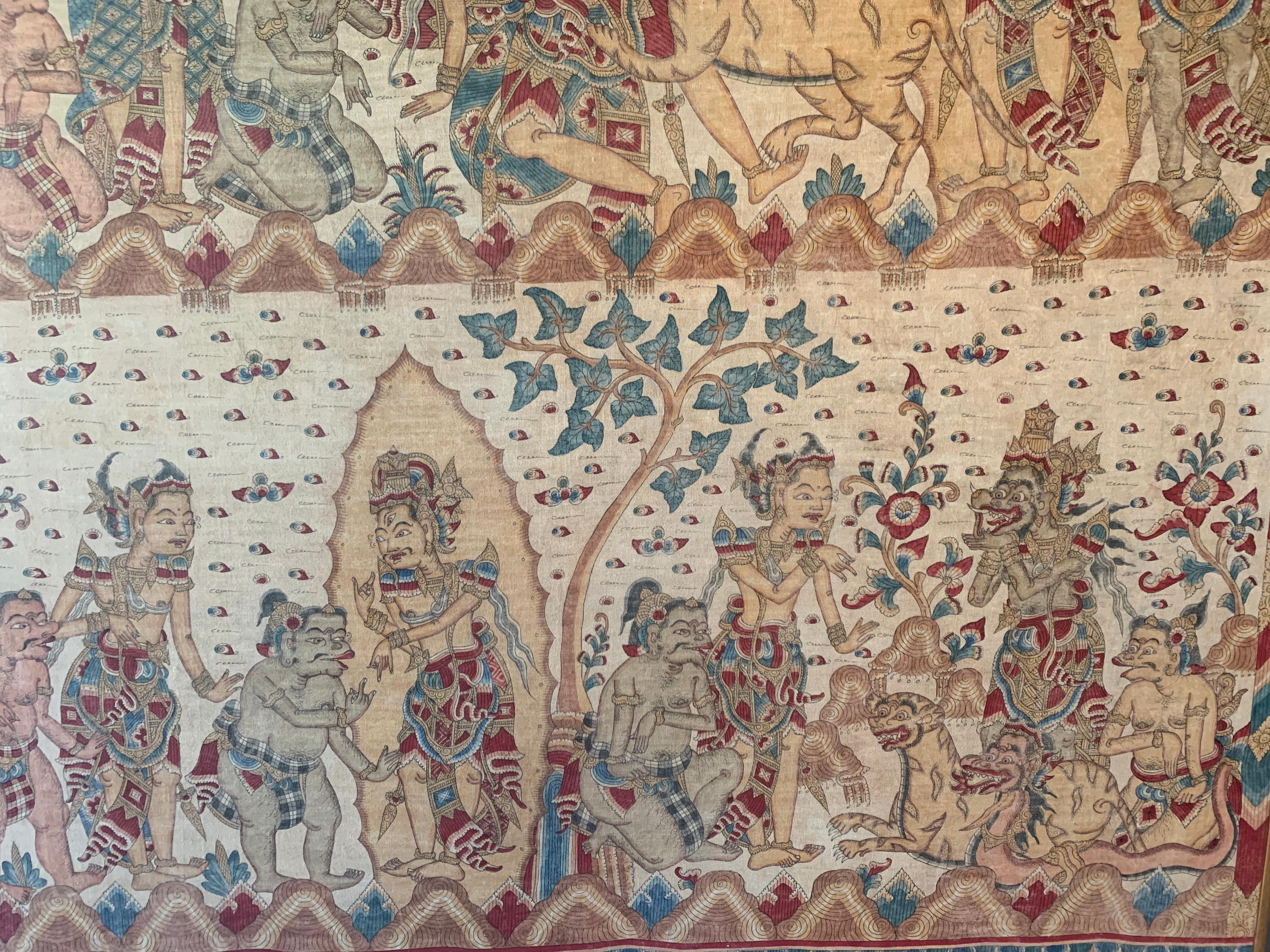 Peinture «Kamasan » de Bali encadrée de textile hindou, Indonésie, vers 1950 en vente 1