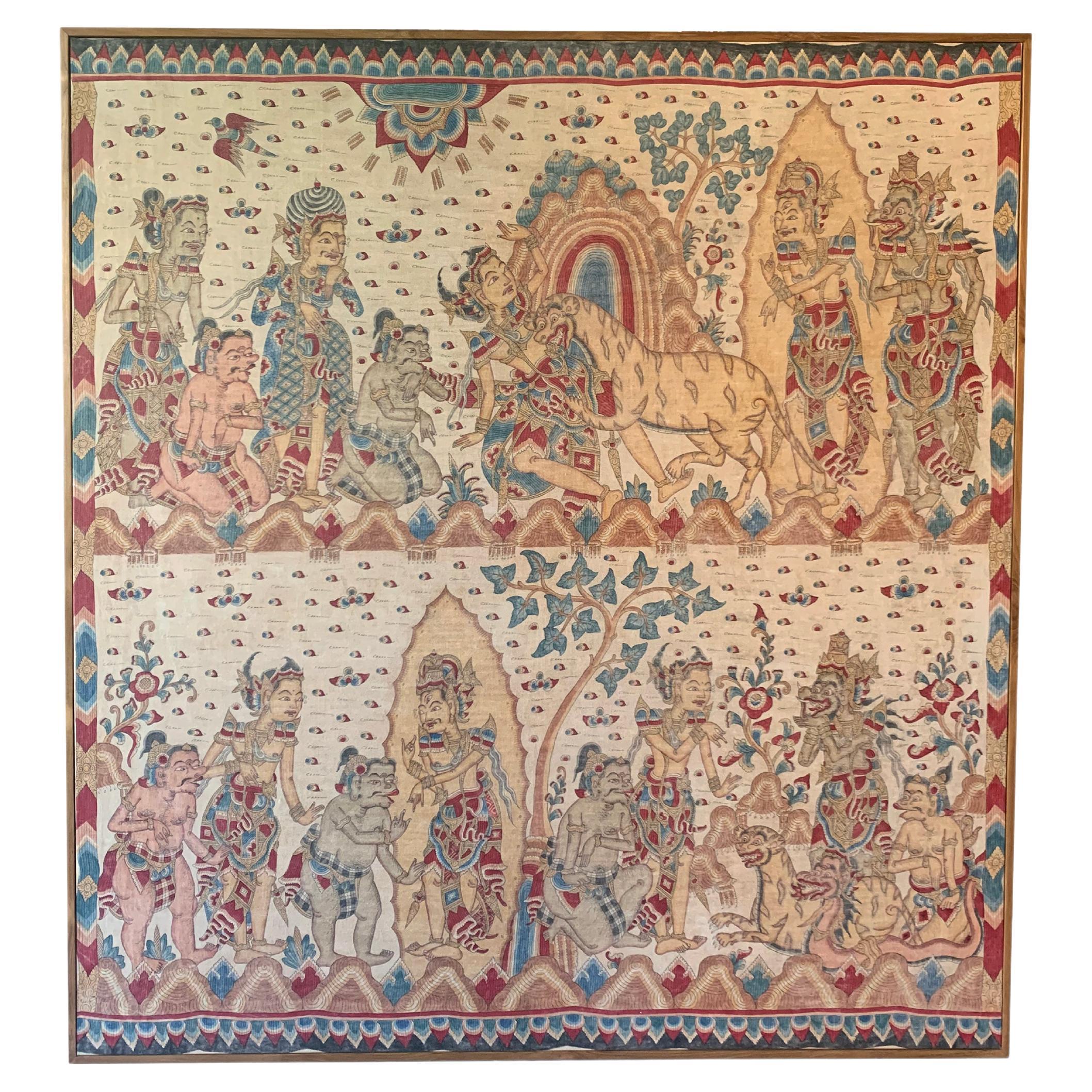 Bali Hindu Textile Framed 'Kamasan' Painting, Indonesia C. 1950 For Sale