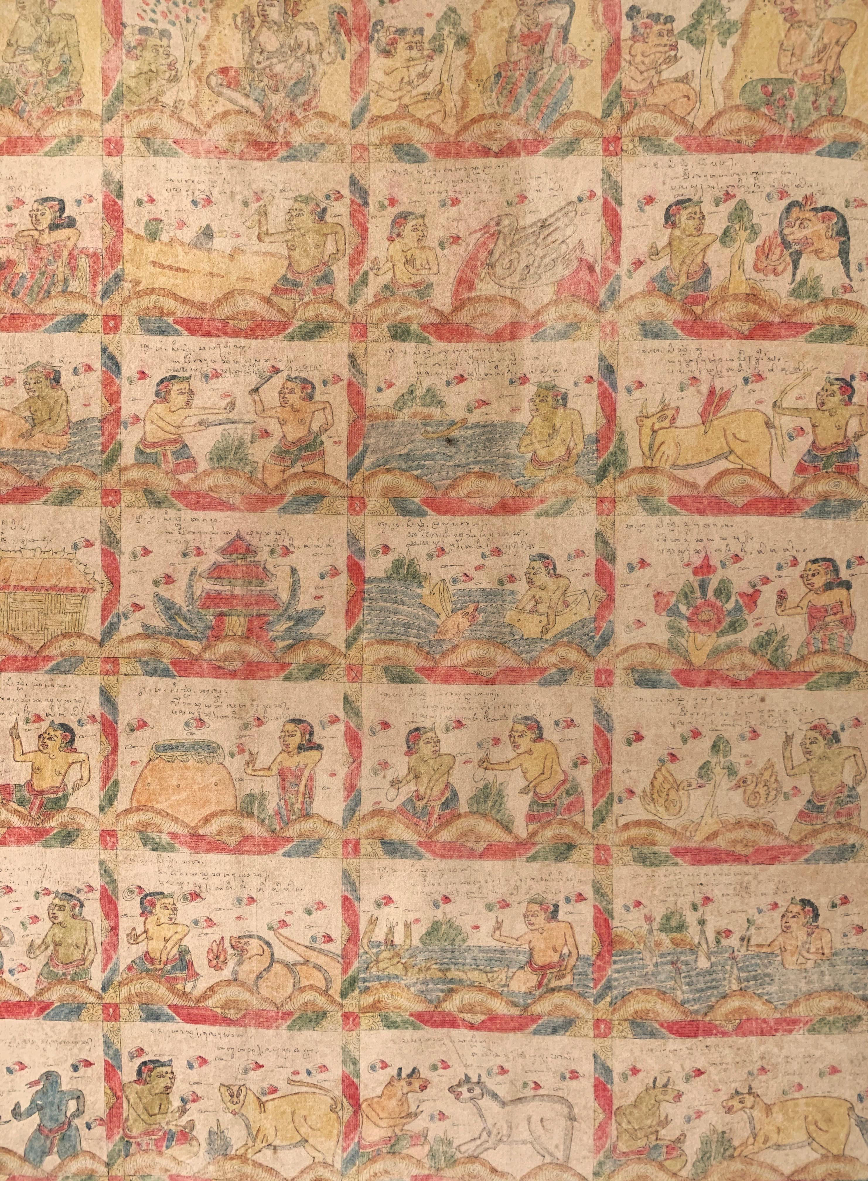 Folk Art Bali Hindu Textile Framed 'Kamasan' Painting, Indonesia, Early 20th Century