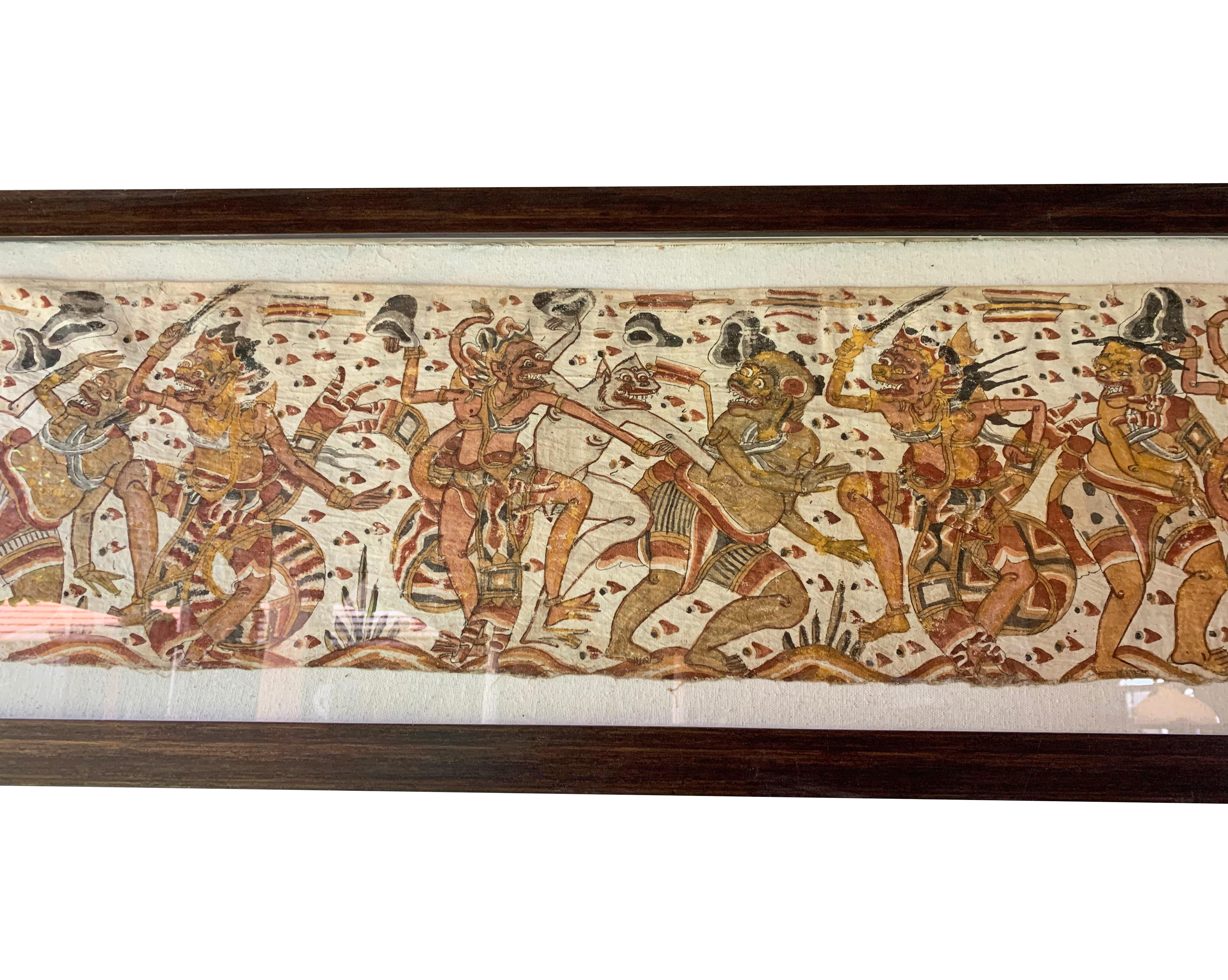 Folk Art Bali Hindu Textile Framed 'Kamasan' Painting, Indonesia, Early 20th Century