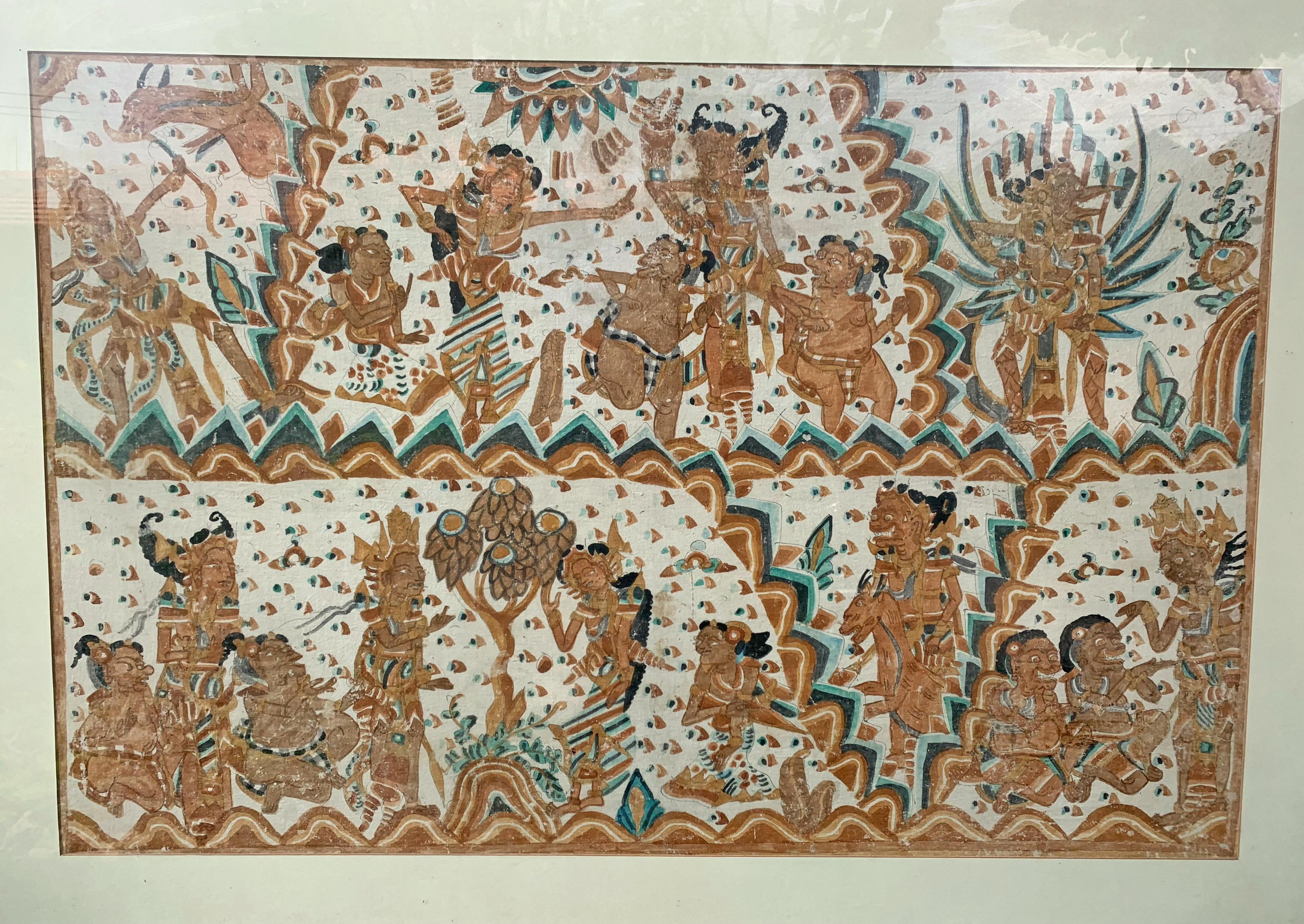 Artisanat PeintureKamasan encadrée sur textile hindou de Bali, Indonésie, début du 20e siècle en vente