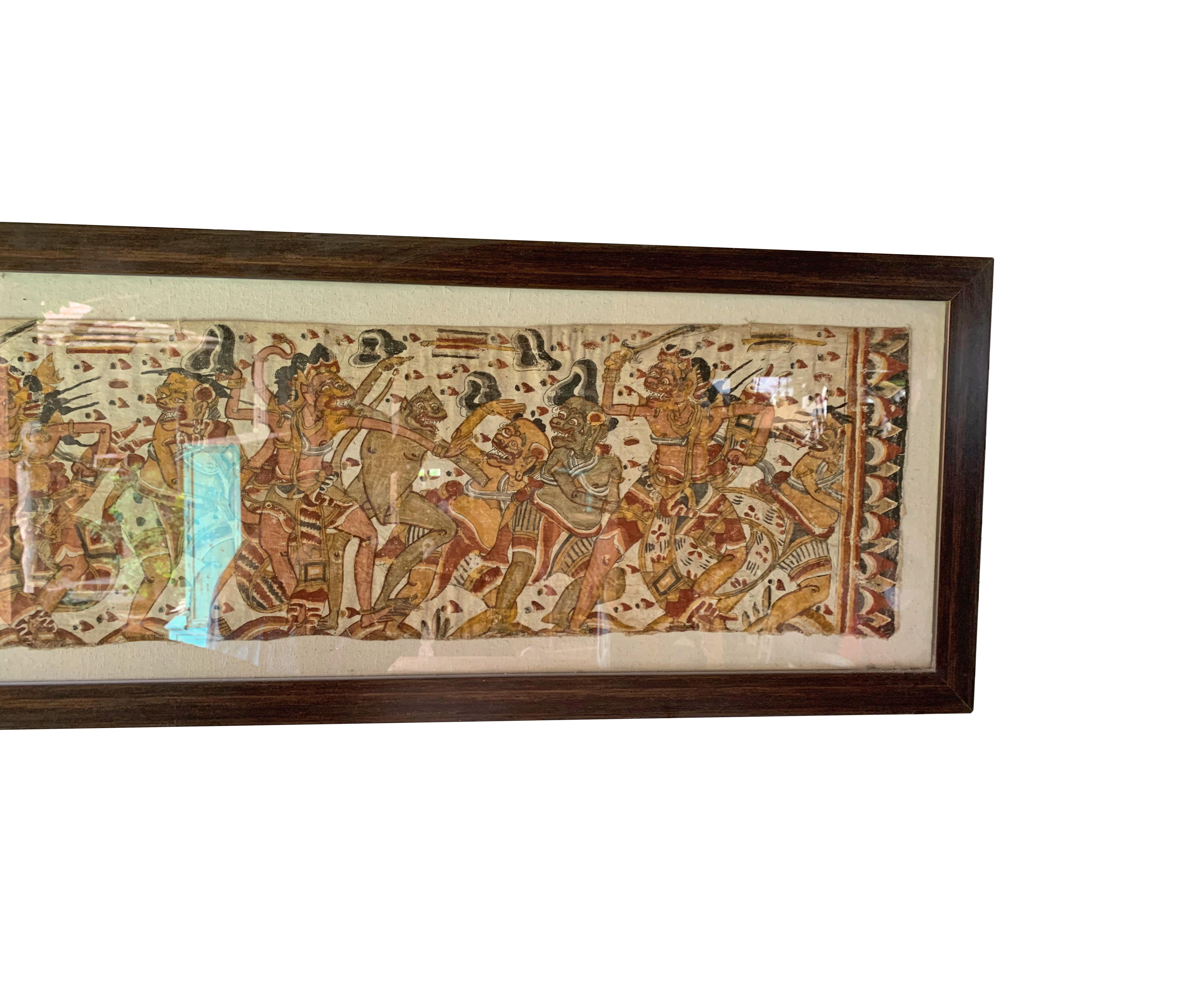 Balinese Bali Hindu Textile Framed 'Kamasan' Painting, Indonesia, Early 20th Century