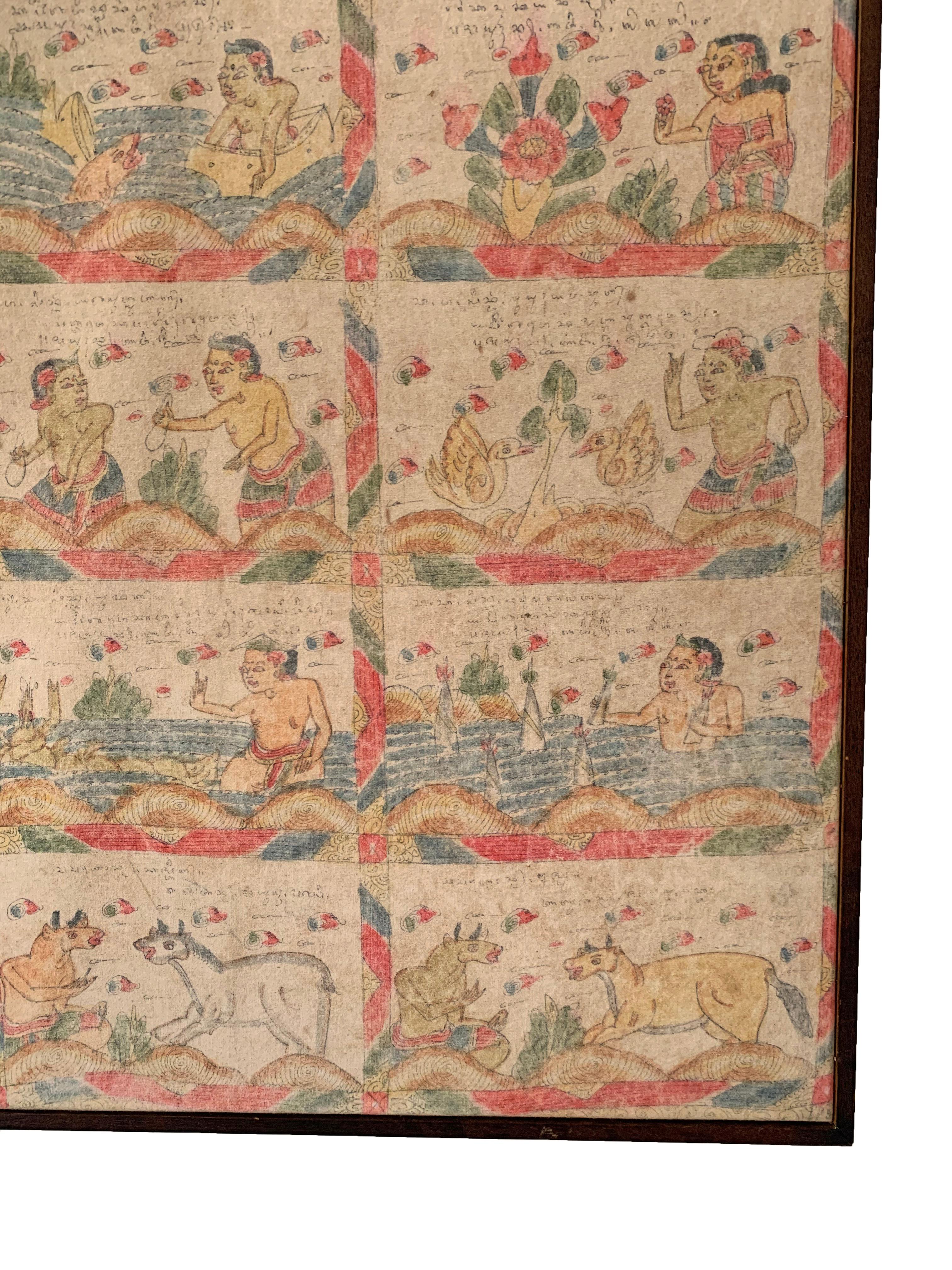 Hand-Painted Bali Hindu Textile Framed 'Kamasan' Painting, Indonesia, Early 20th Century