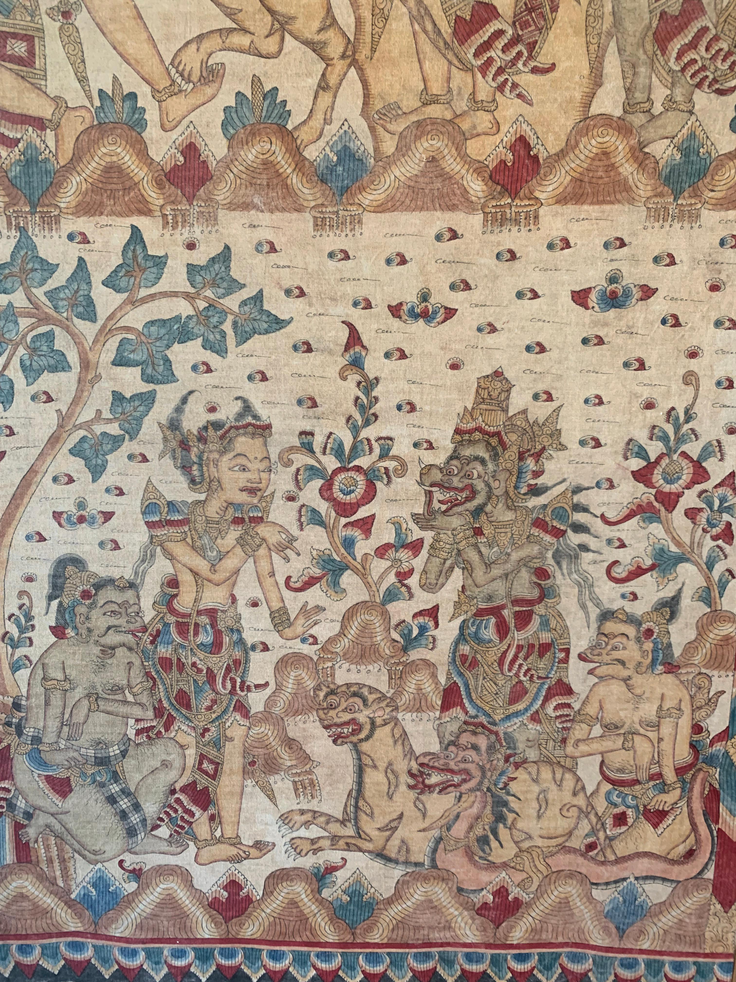 Bali Hindu Textile Framed 'Kamasan' Painting, Indonesia C. 1950 2