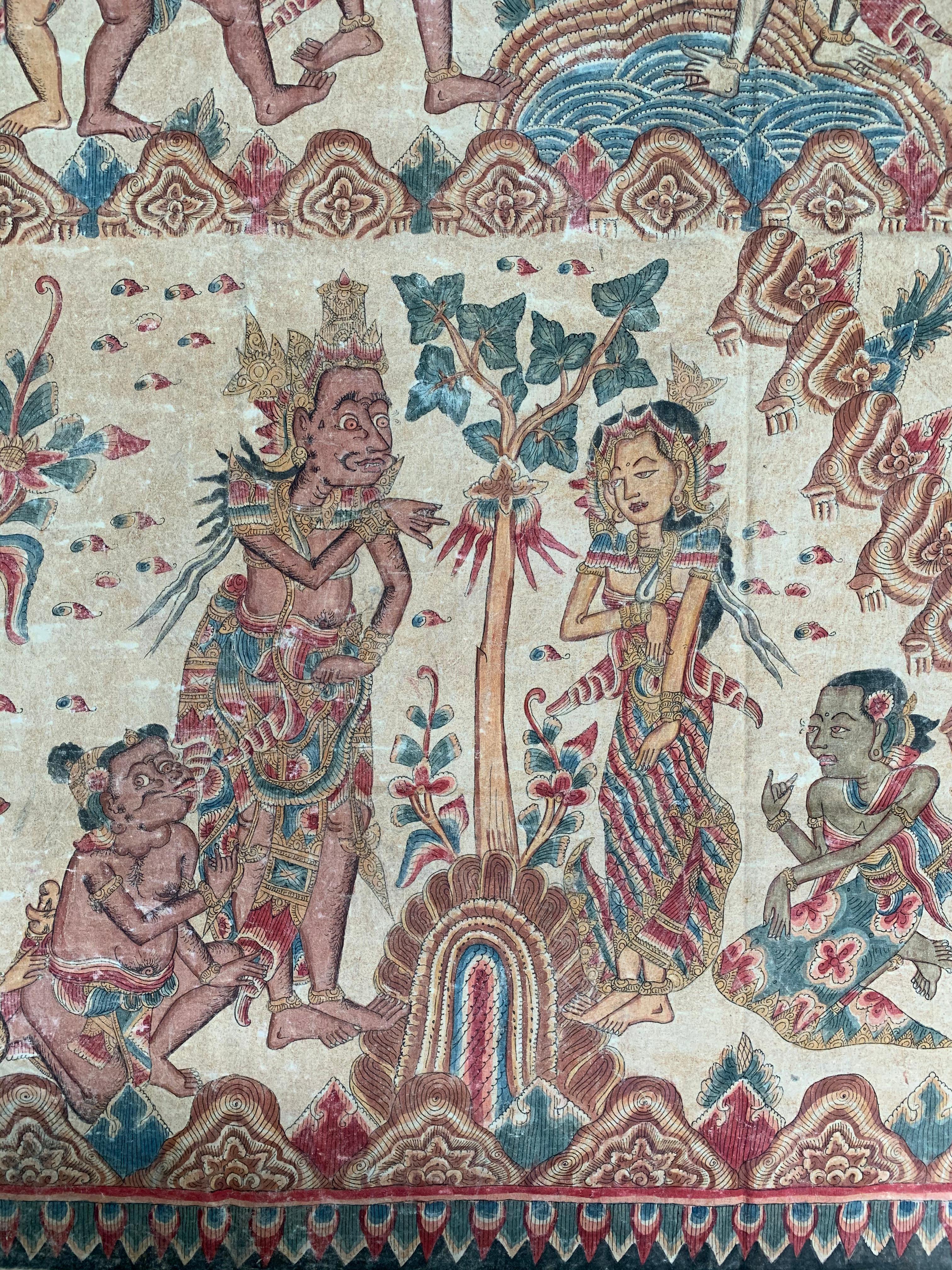 An early 20th Century 'Kamasan' cotton textile painting from Bali, Indonesia. The hand-painted image has great detail and depicts Balinese Hindu mythology. 

Dimensions: Height 154cm x Width 139cm.