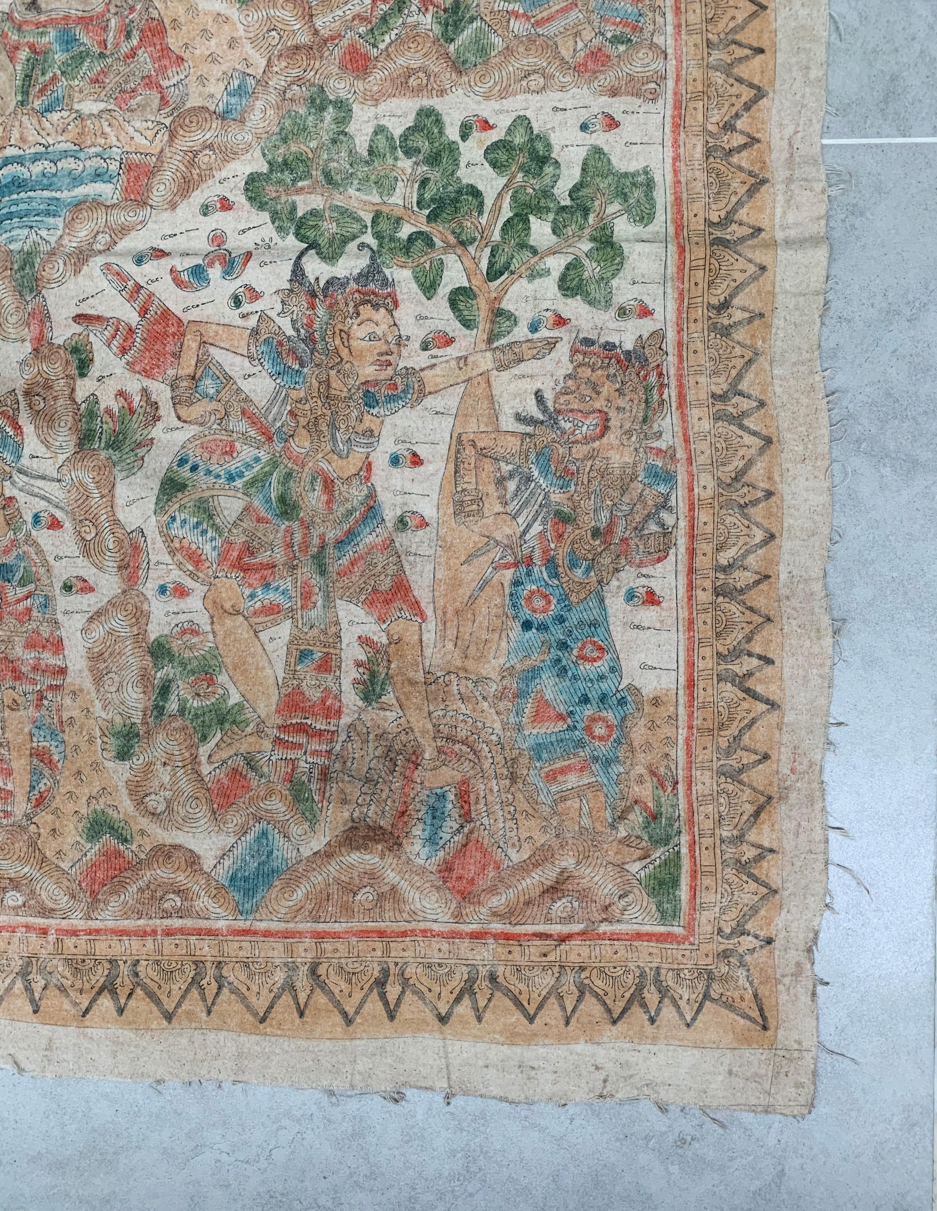 Hand-Painted Bali Hindu Textile 'Kamasan' Painting, Indonesia, Early 20th Century For Sale