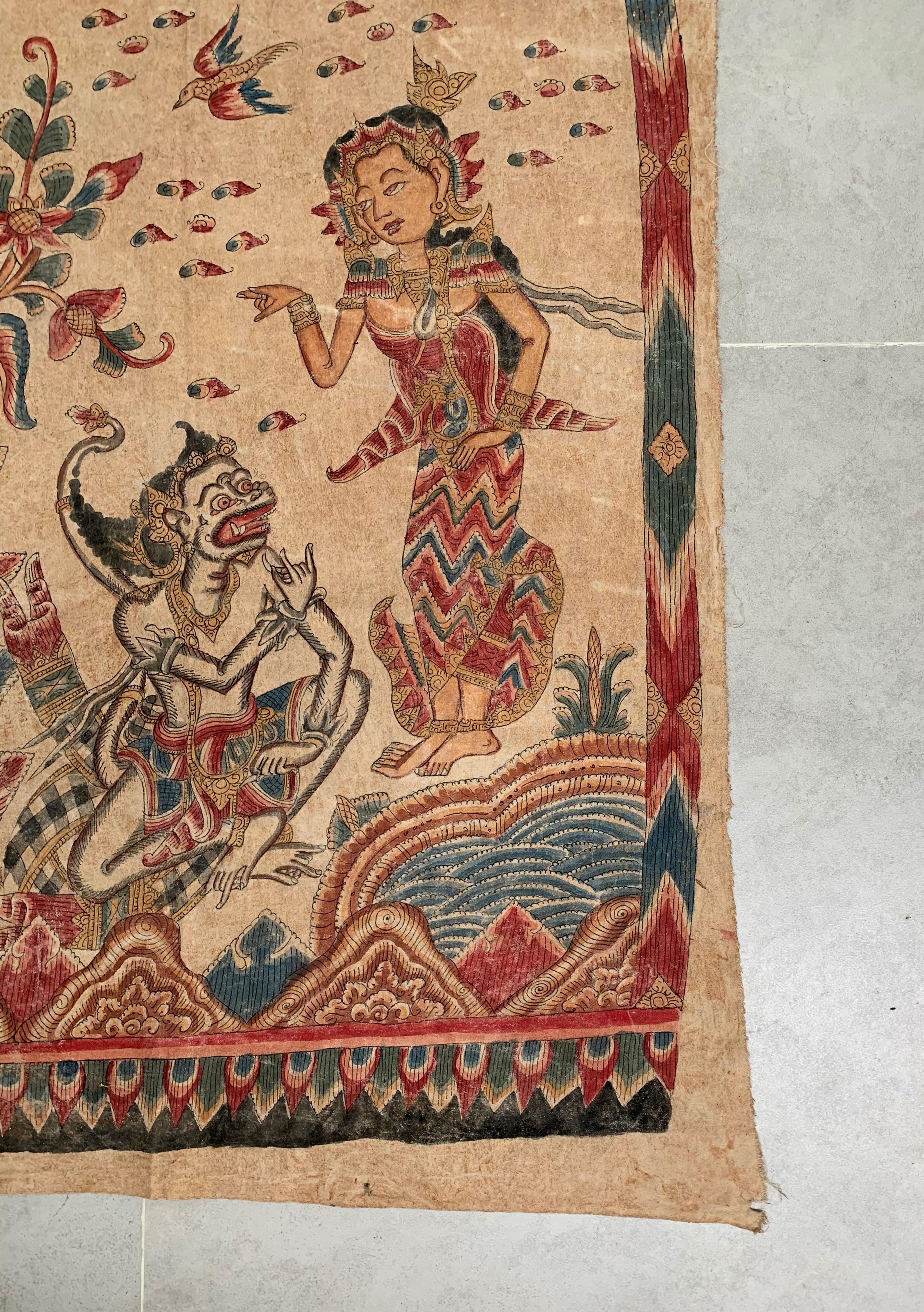 Hand-Painted Bali Hindu Textile 'Kamasan' Painting, Indonesia, Early 20th Century