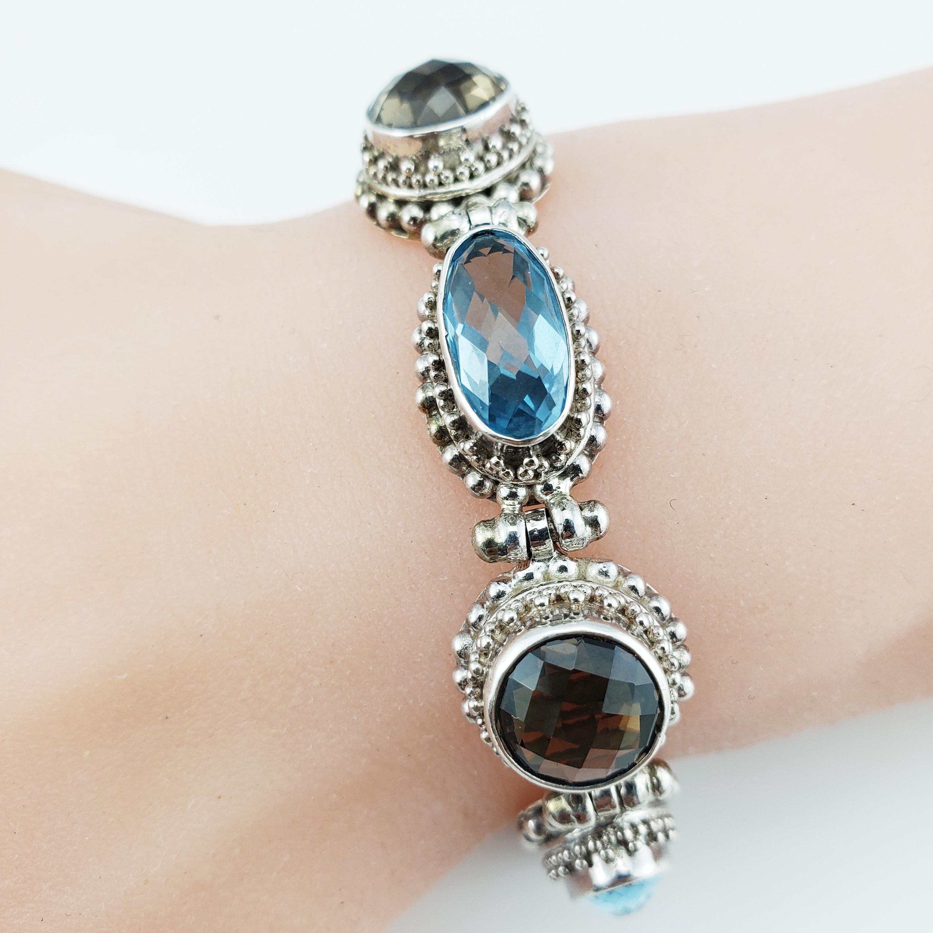 Women's or Men's Bali Indonesia Sterling Silver Blue and Brown Topaz Flexible Toggle Bracelet