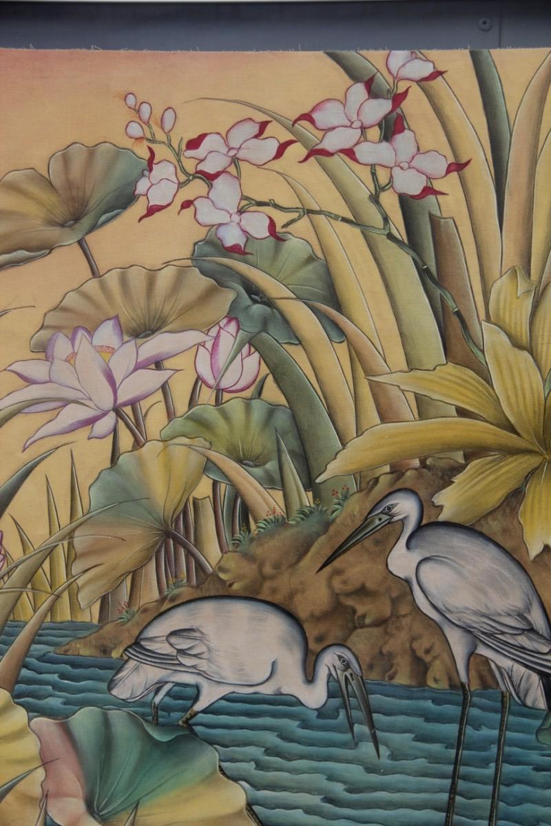 Bali Oil on Fabric Painted with Calla Lily Flowers Water Lilies Very Happy Stork 7