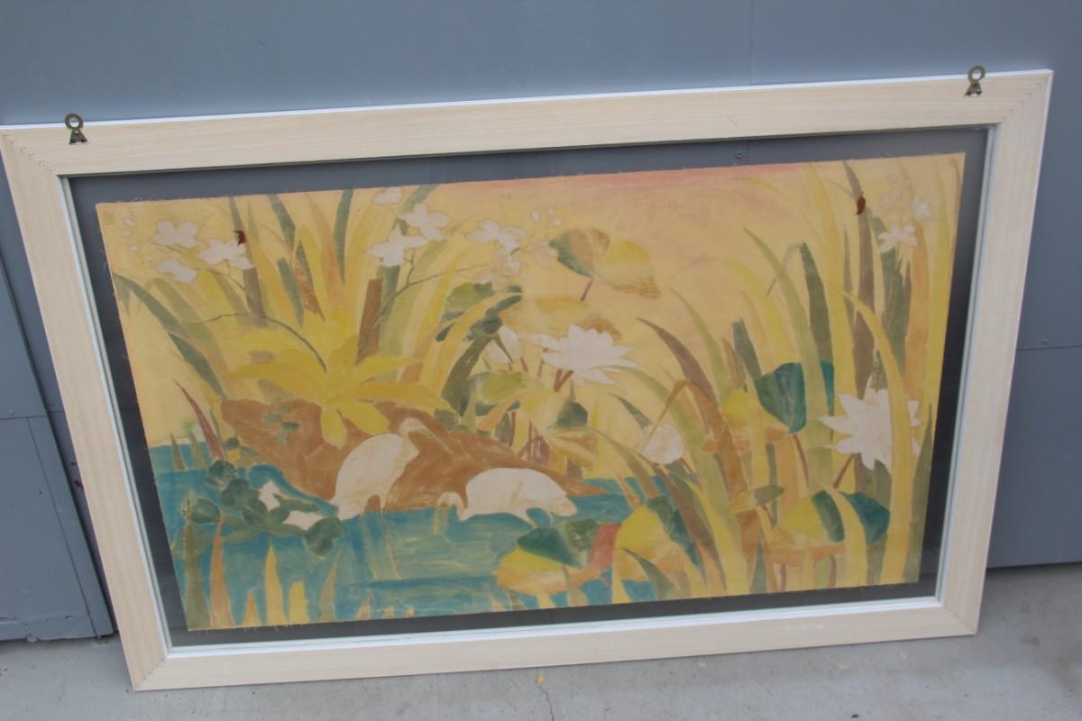 Bali Oil on Fabric Painted with Calla Lily Flowers Water Lilies Very Happy Stork 10