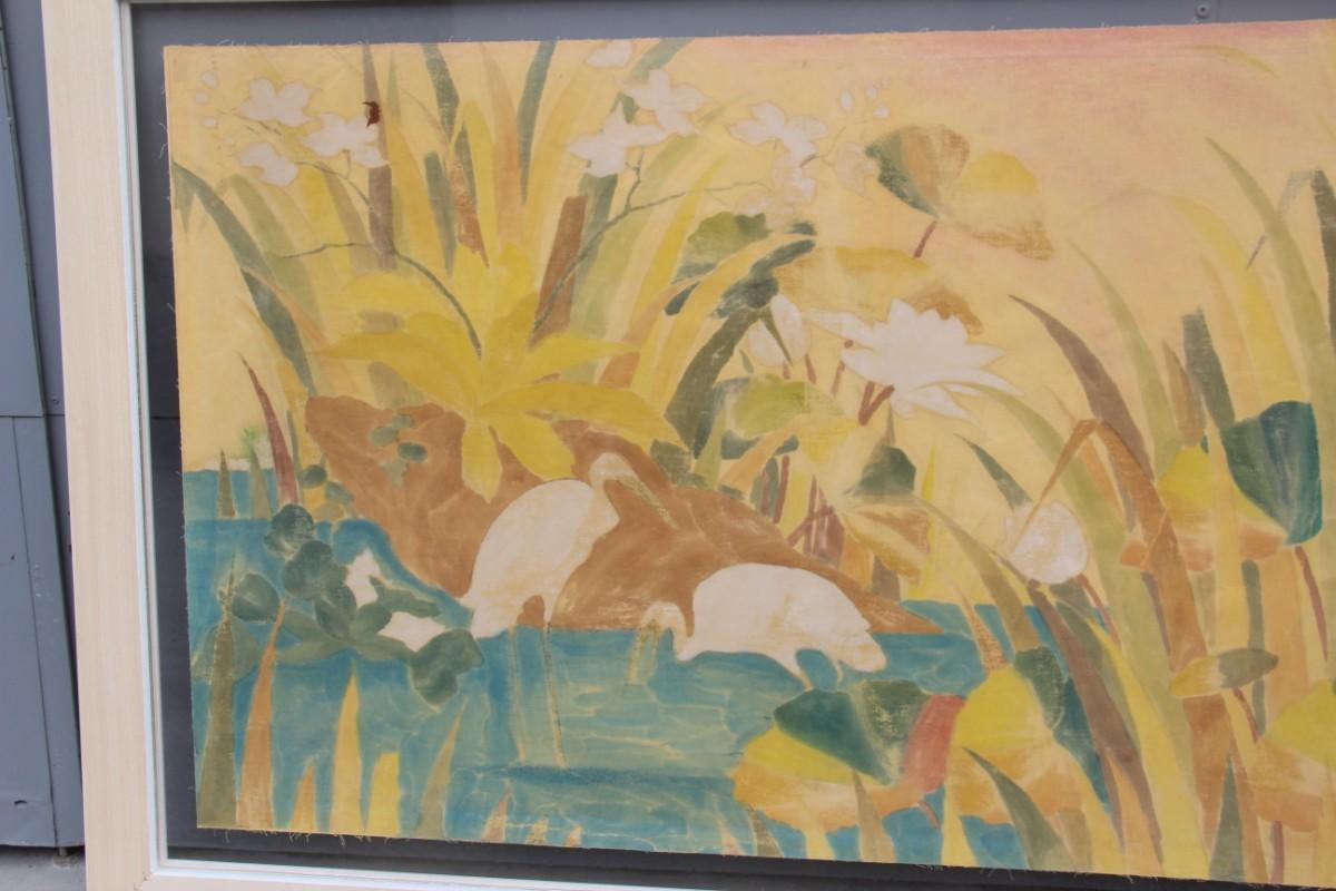 Bali Oil on Fabric Painted with Calla Lily Flowers Water Lilies Very Happy Stork 11