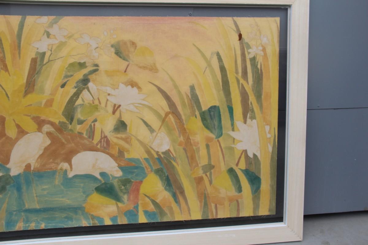 Bali Oil on Fabric Painted with Calla Lily Flowers Water Lilies Very Happy Stork 12
