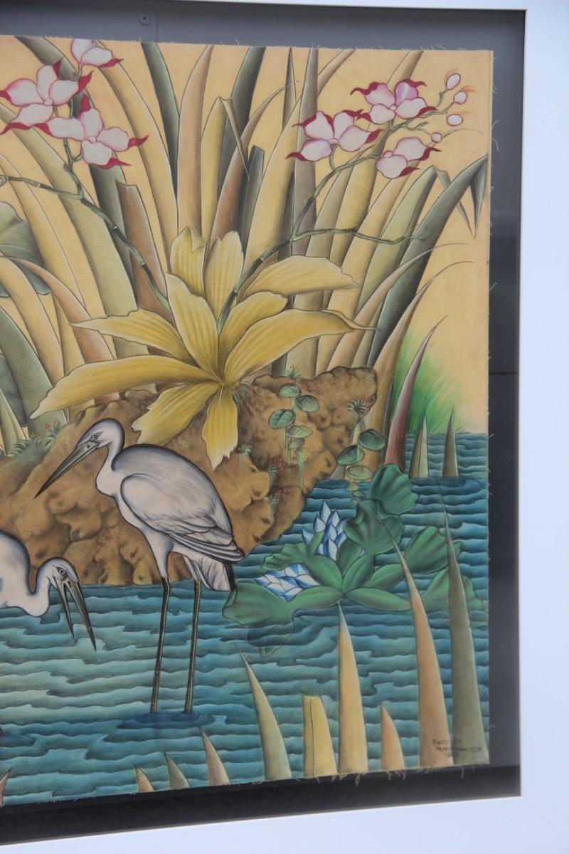 Bali oil on fabric painted with calla lily flowers water lilies very happy storks.

Canvas put on double glass, frame in white lacquered wood.