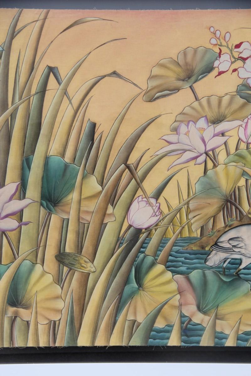 Mid-Century Modern Bali Oil on Fabric Painted with Calla Lily Flowers Water Lilies Very Happy Stork