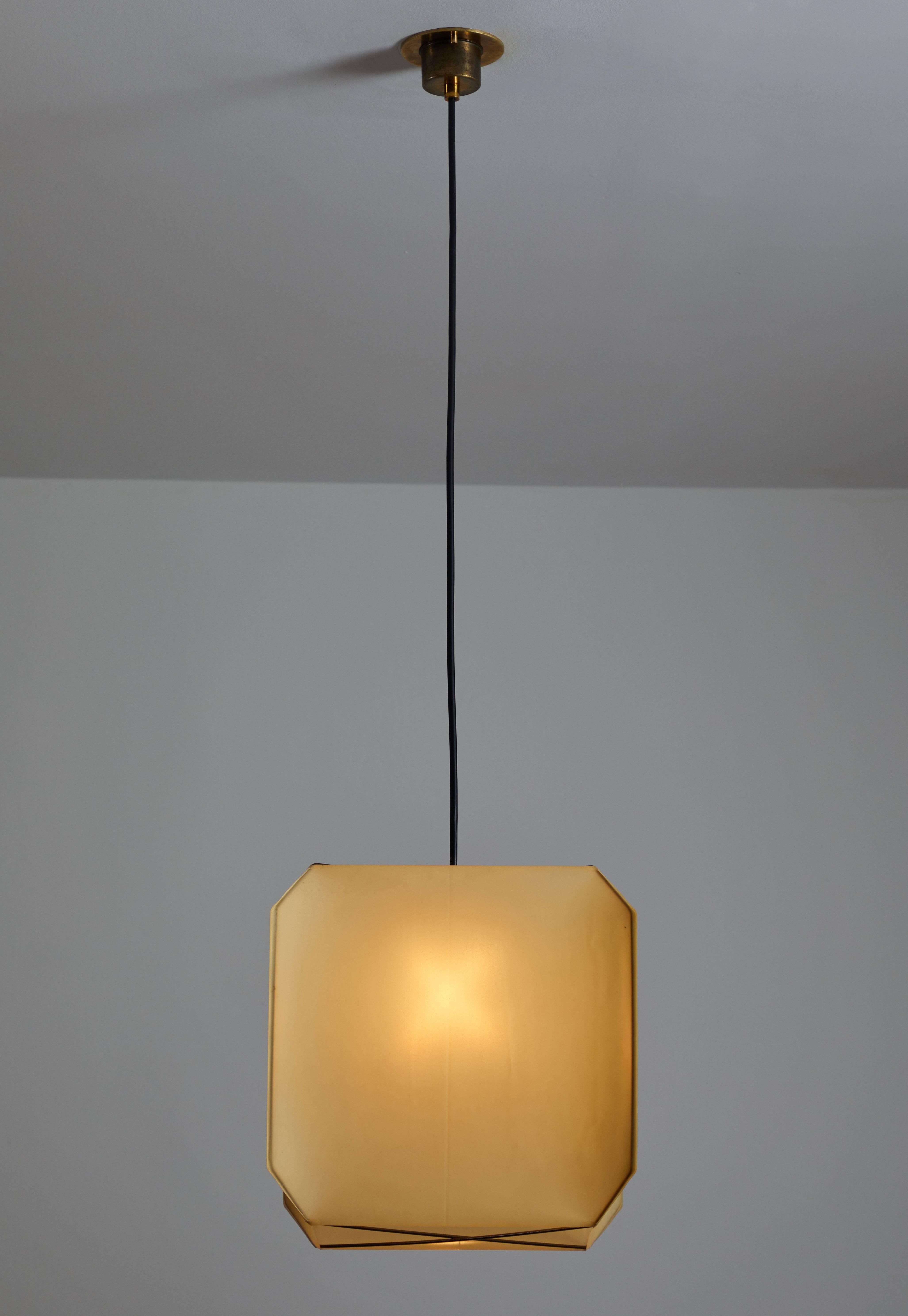Bali Suspension Light by Bruno Munari for Danese Milano. Designed in Italy 1958. Brass, silk and acrylic. Wired for US junction boxes. Takes one Edison 40w maximum bulb. Literature: Danese Milano product catalog 1976, p. 27.