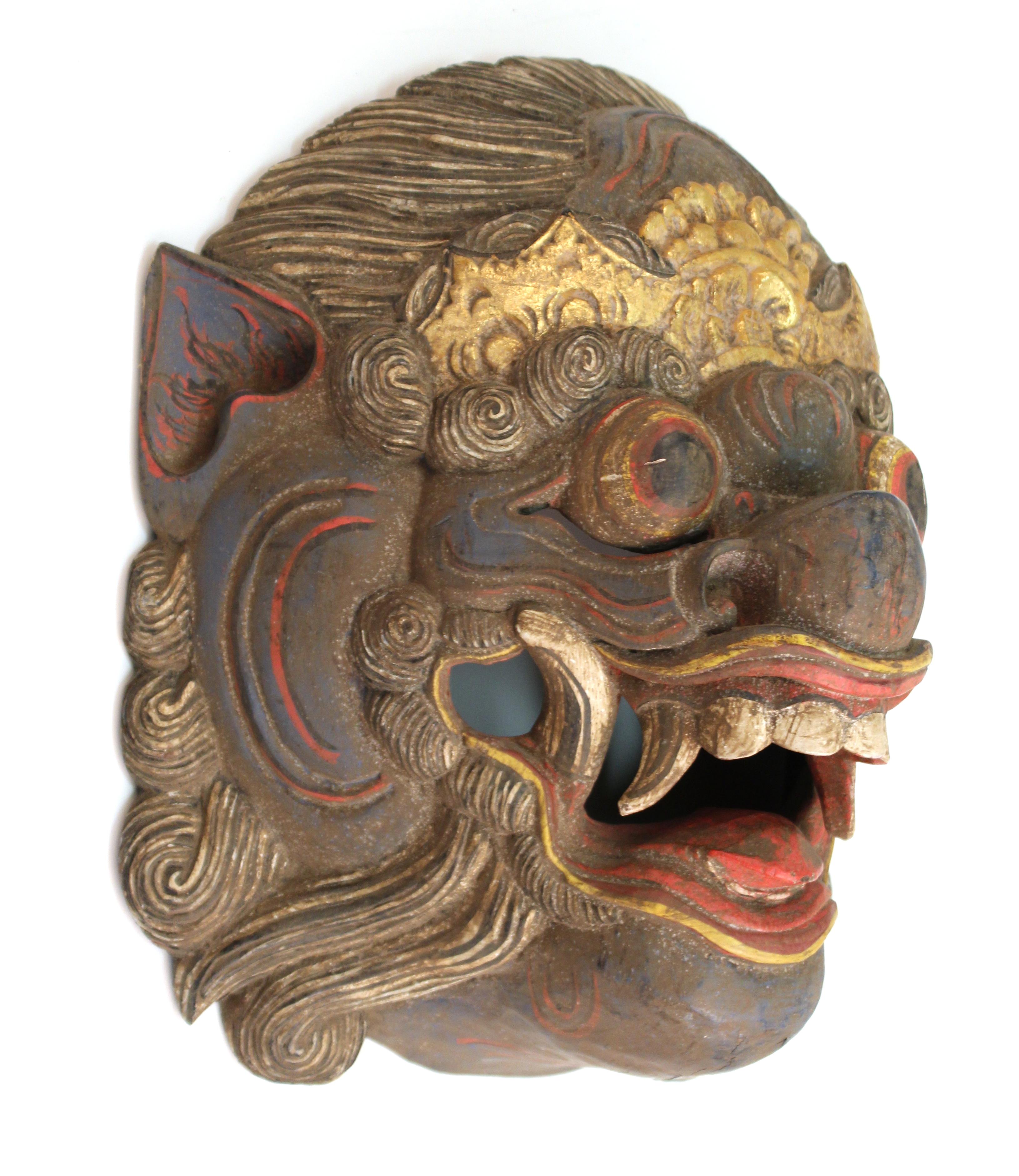 Hand-Painted Balinese Barong Carved Wood Dance Mask
