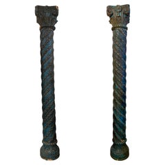 Balinese Carved Polychrome Wood Temple Columns in Chain Link Design, PAIR