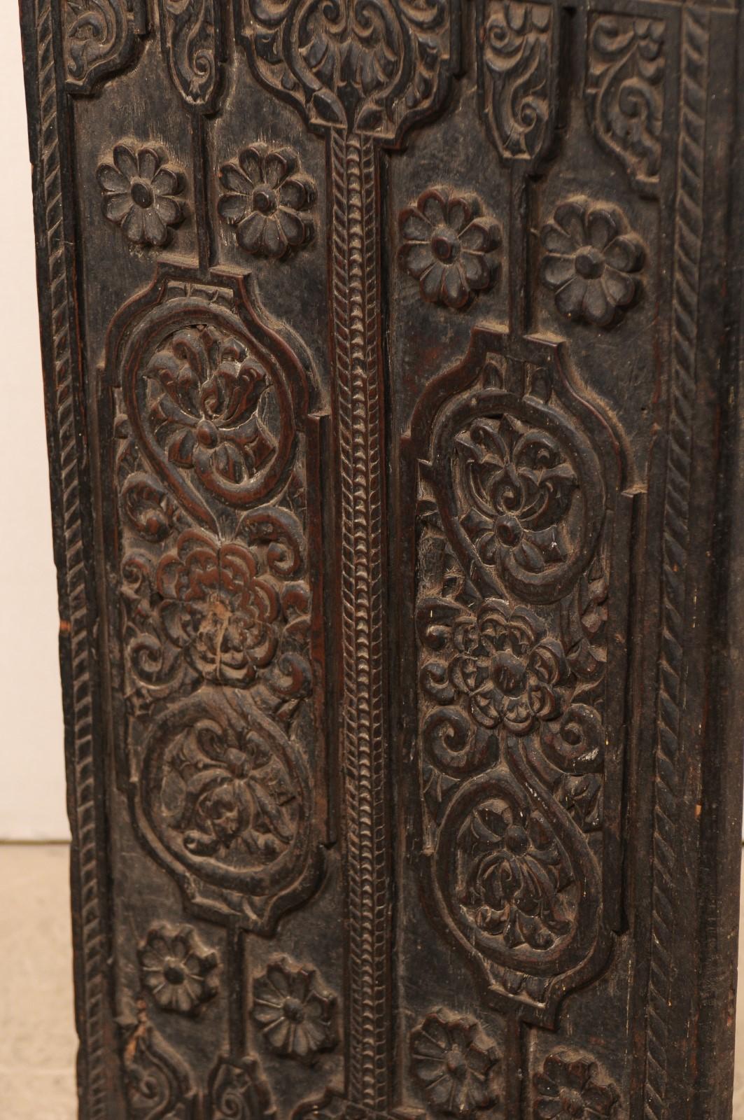 Balinese Floral-Carved Wood Rice Barn Door on Custom Base, Stands 4 Ft Tall  In Good Condition For Sale In Atlanta, GA